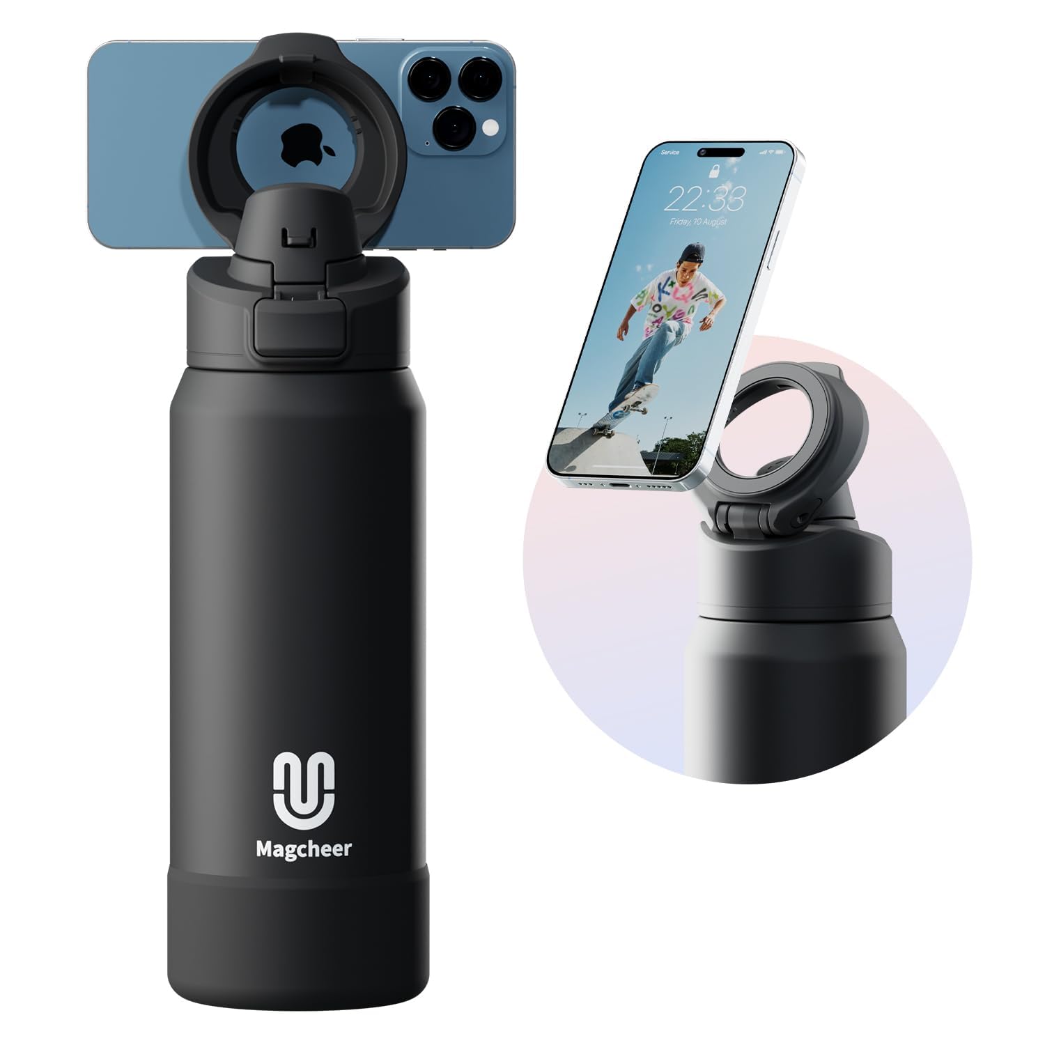 Magcheer Insulated Magnetic Water Bottle - Reusable Stainless Steel Bottle with MagSafe Compatible Phone Holder - Keeps Cold for