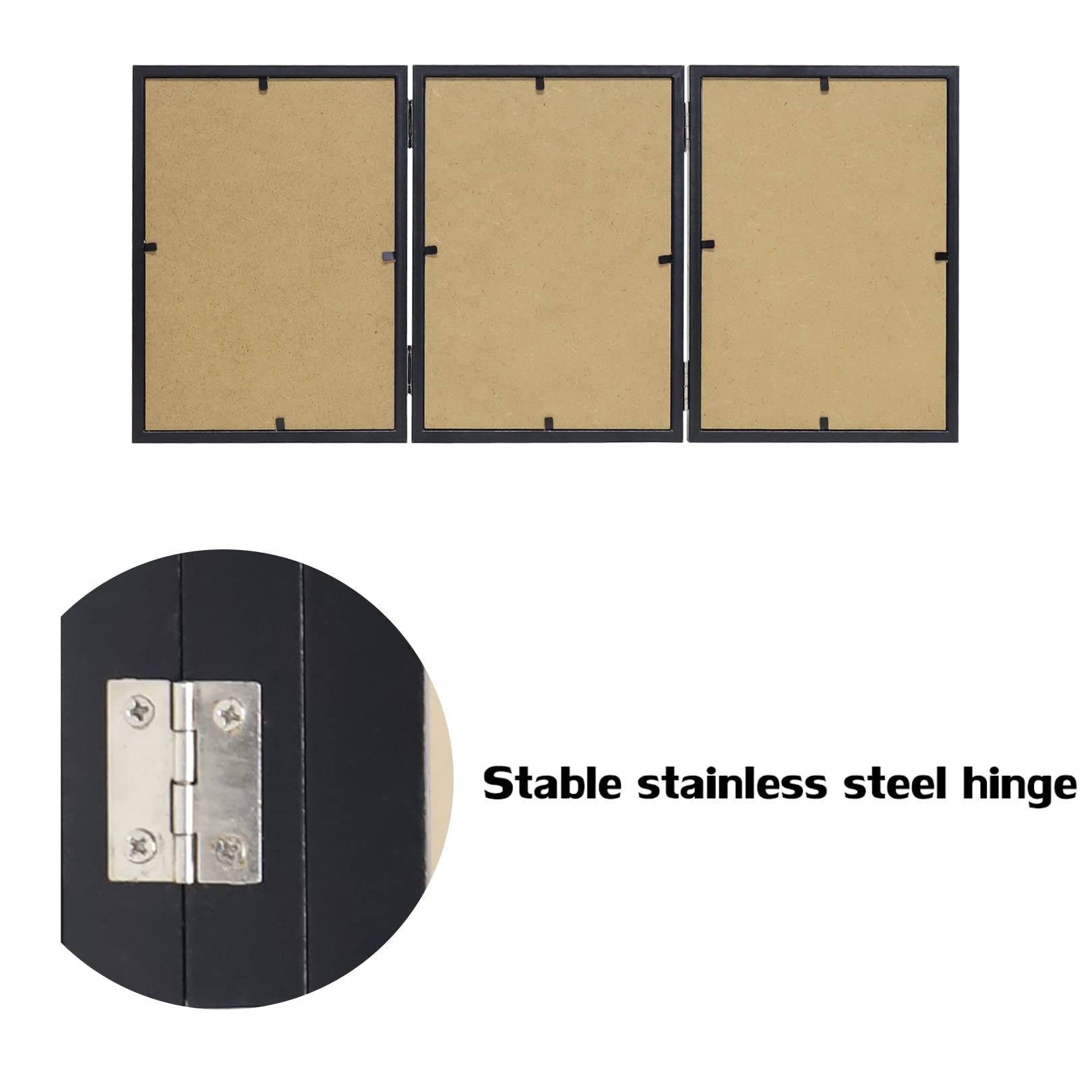 3 Picture Frame 4x6 Black Triple Hinged MDF Wood with Glass Front Three Opening Photo Frame Stand Vertical on Tabletop