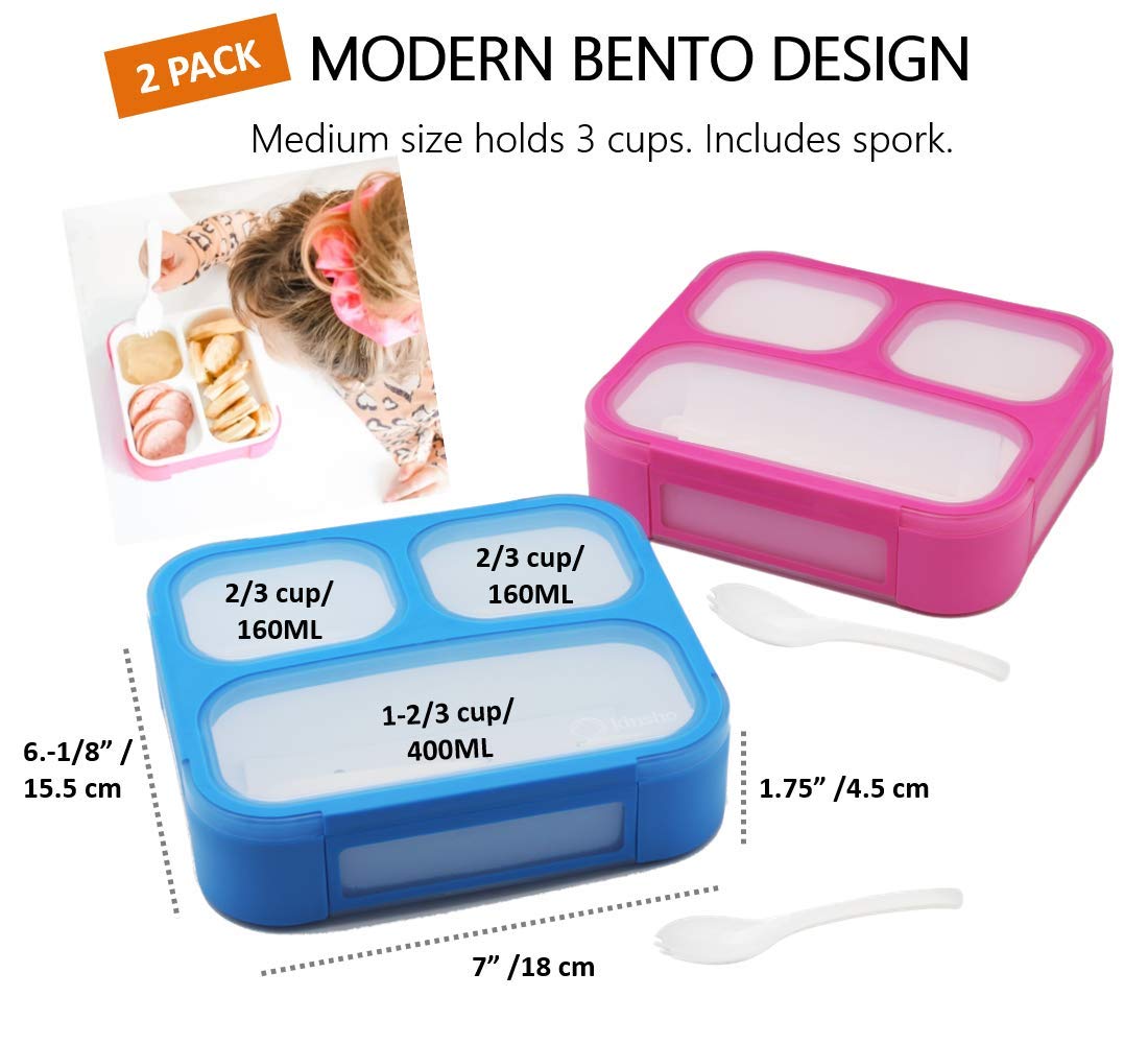 Bento Box for Kids  Toddler Lunch-Box for Small Boys Girls in School  Pre-School or Daycare  Leakproof 3 Compartment Containers for Portion Control Snacks for Adults  BPA Free. Medium Blue Pink 2 pack