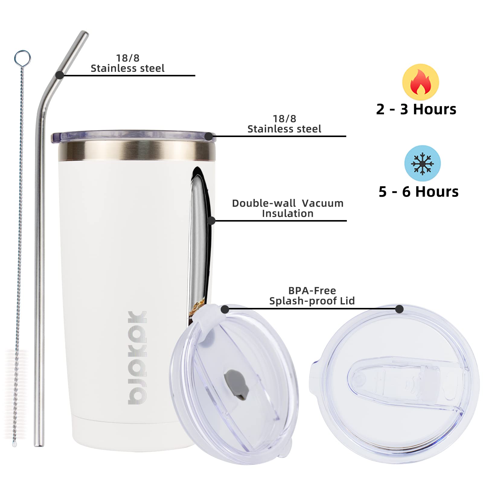 Bjpkpk White Stainless Steel Tumbler With Lid And Straw 20 Oz Insulated Tumblers Thermal Cup For Hot And Cold Drinks