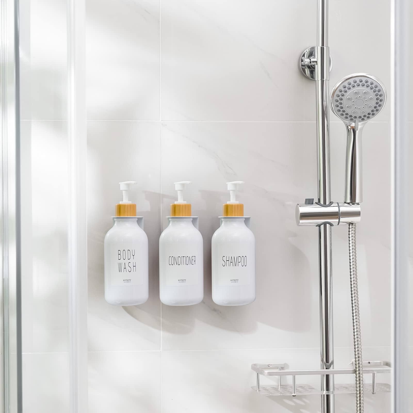 VITVITI 3-Chamber Shower Dispenser Set, Wall Mounted, 17oz PET Plastic, White