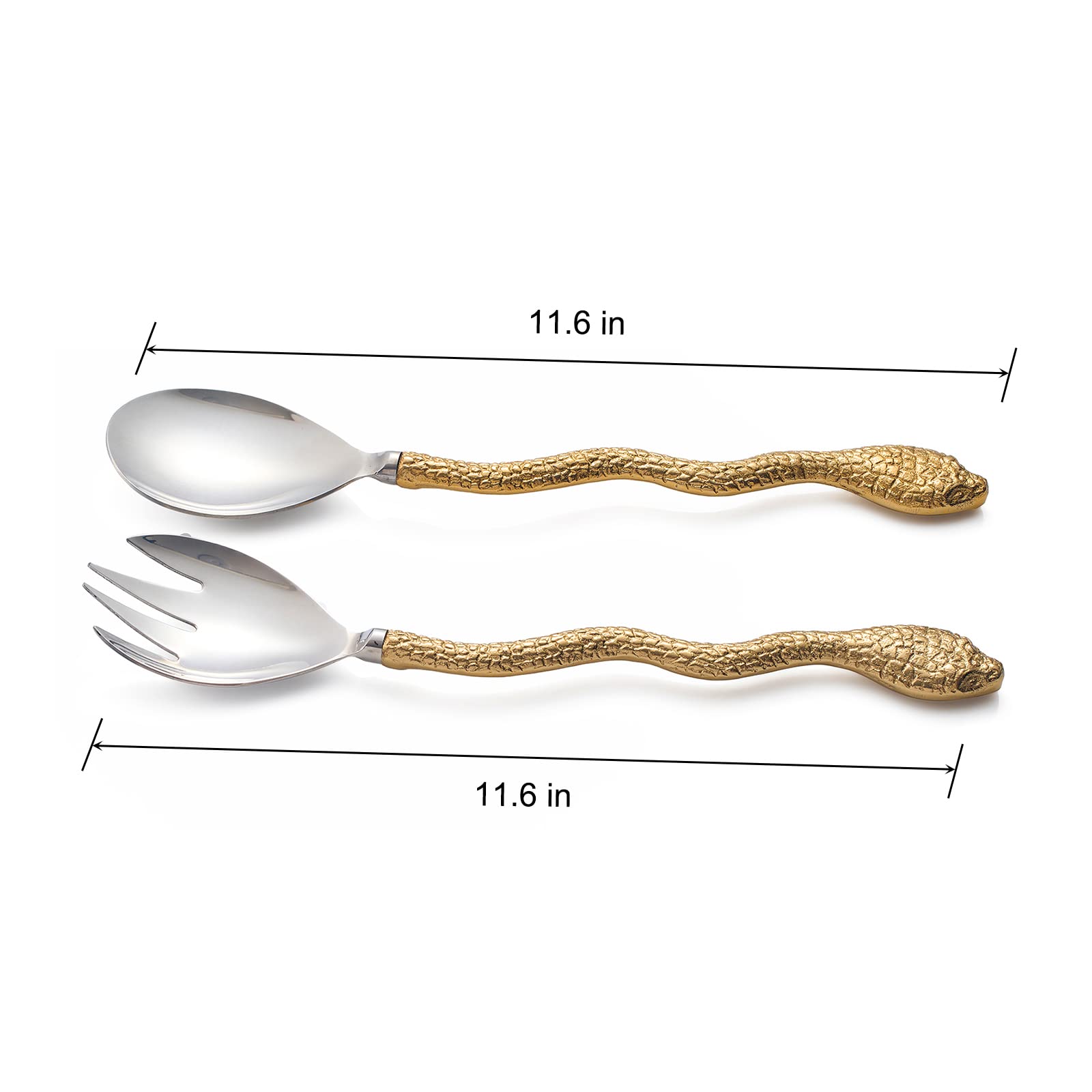 Gold Serpent Snake Salad Servers Brass & Stainless Steel, Fork & Spoon Set Snake Design Set, Two Tone Ideal For Weddings, Dinner