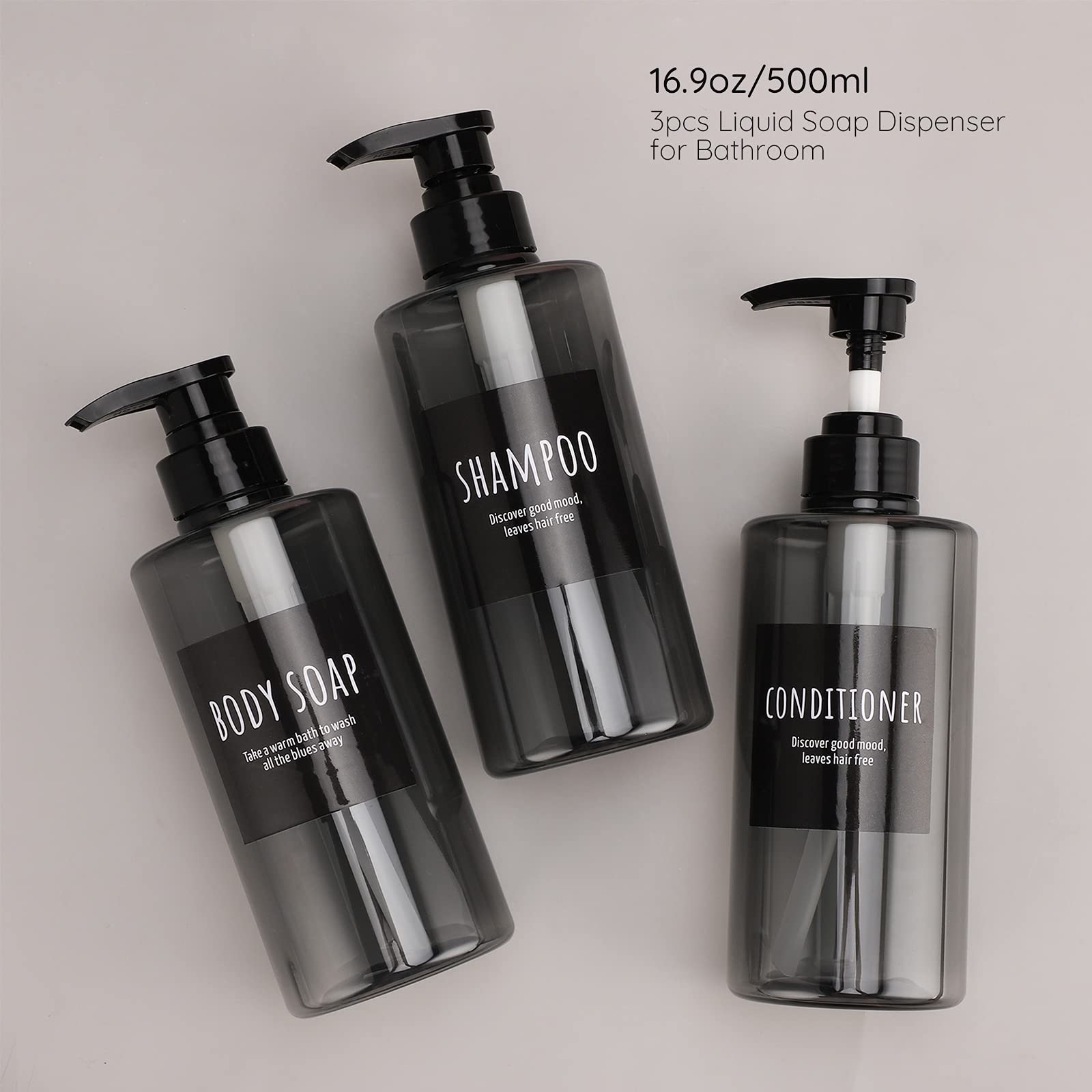 Refillable Shampoo Bottles, Segbeauty 16.9Oz Shampoo Dispenser, 3Pcs 500Ml Empty Plastic Pump Bottle For Shower, Labeled Grey La