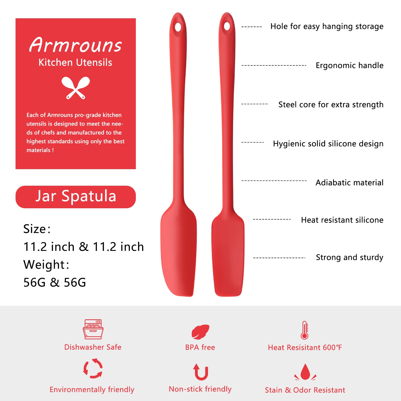 Armrouns 2-Pack Jar Spatula Long Handle Silicone Kitchen Scraper Spatula Non-Stick Rubber Scraper For Jars, Cooking Baking Stirr