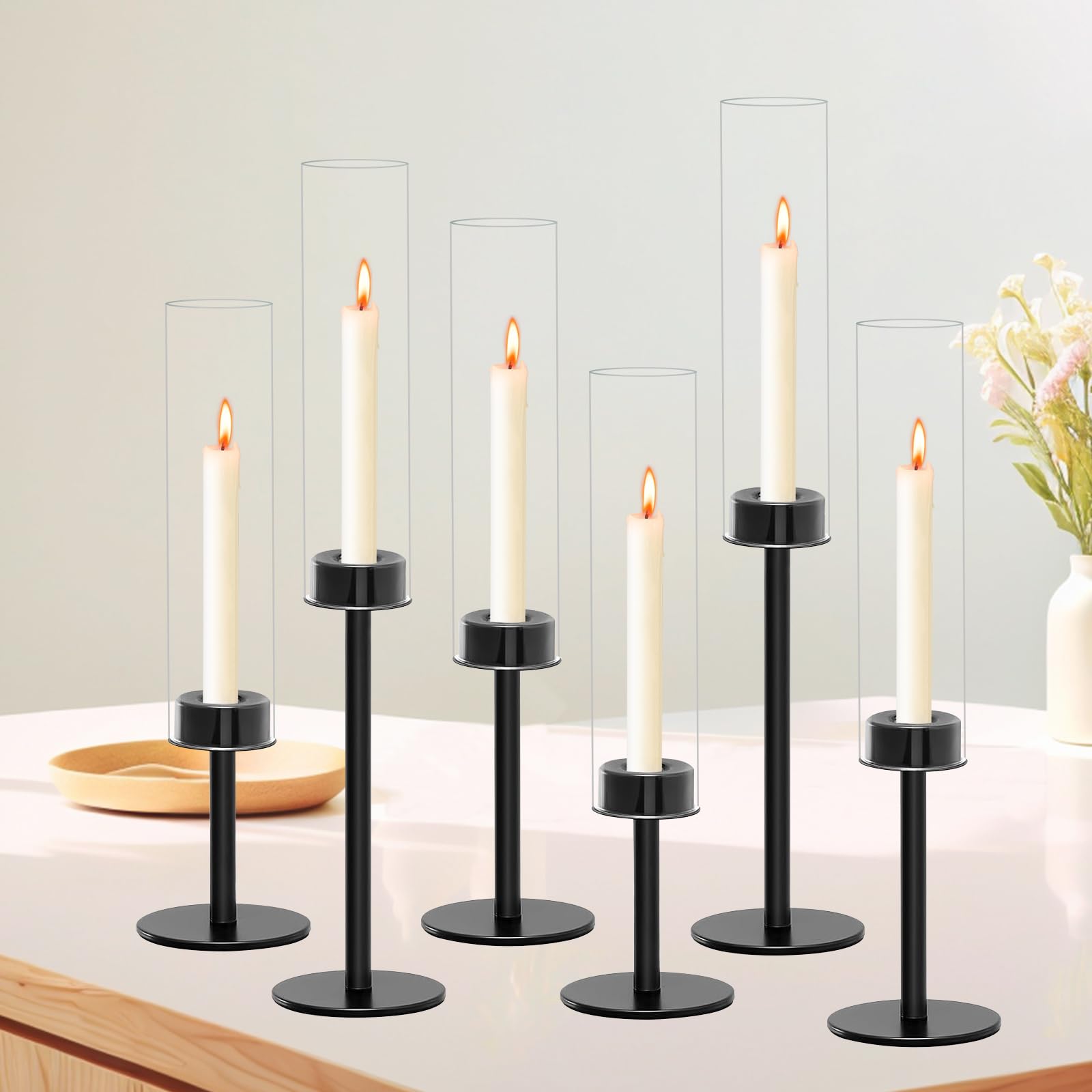 6 Black Candle Holders Set - Modern Candlestick Holders for Dining Room Decor, Candle Stick Holder Set for Weddings, Centerpiece
