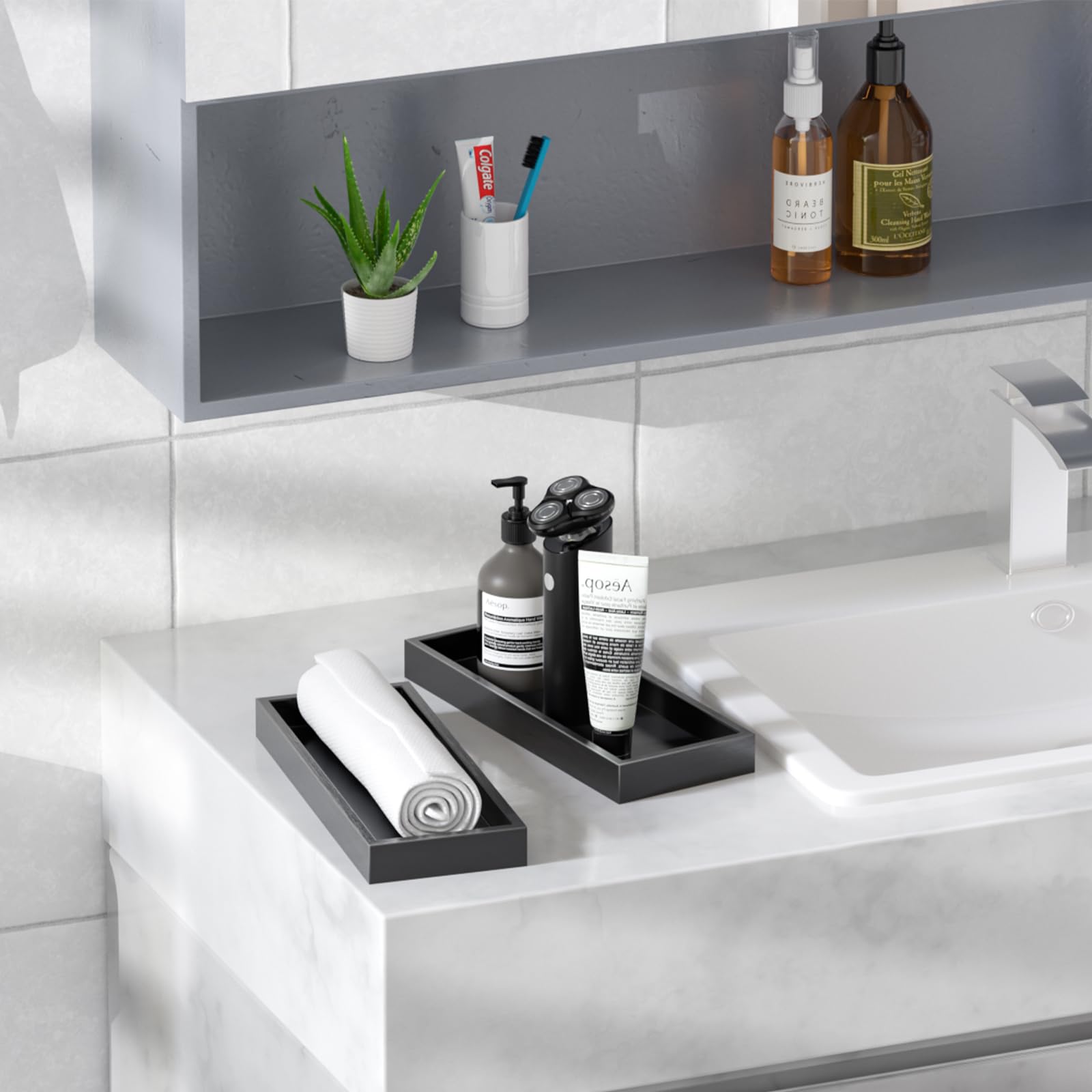 Zhws Bathroom Vanity Tray Set Of 2 Black Decorative Tray For Perfume, Jewelry, Cosmetic Bathroom Tray For Toiletries Small Tray