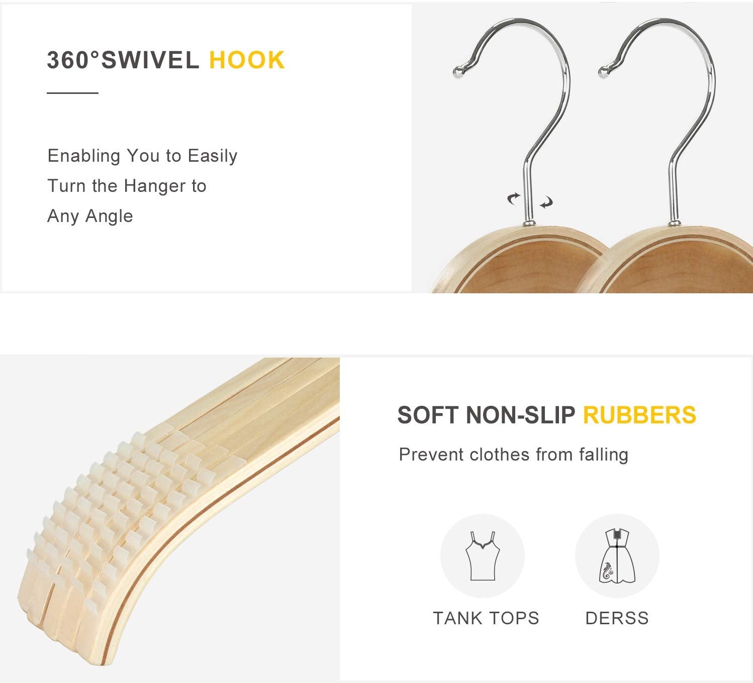 Topia Hanger Slim Natural Wood Hangers With Extra Soft Non-Slip Rubber Grips, 18-Pack High-Grade Fashion Hanger No Shoulder Bump