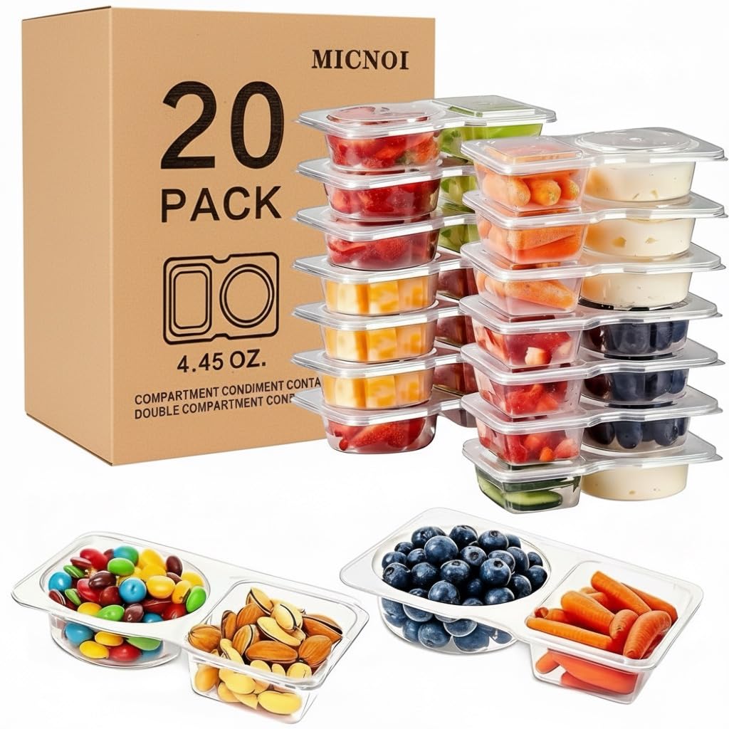 Micnoi Snack Pack Containers, Reusable 2 Compartment Condiment Containers With Lids, Ideal For On-The-Go Mini Sauce Boxes & Snac