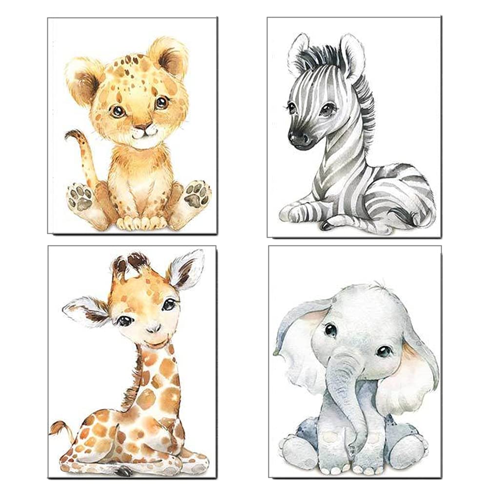 Baby Watercolor Animals Wall Art Prints Set Of 4 (8X10,Unframed),Tiger Elephant Zebra Giraffe Safari Animals Pictures Nursery De