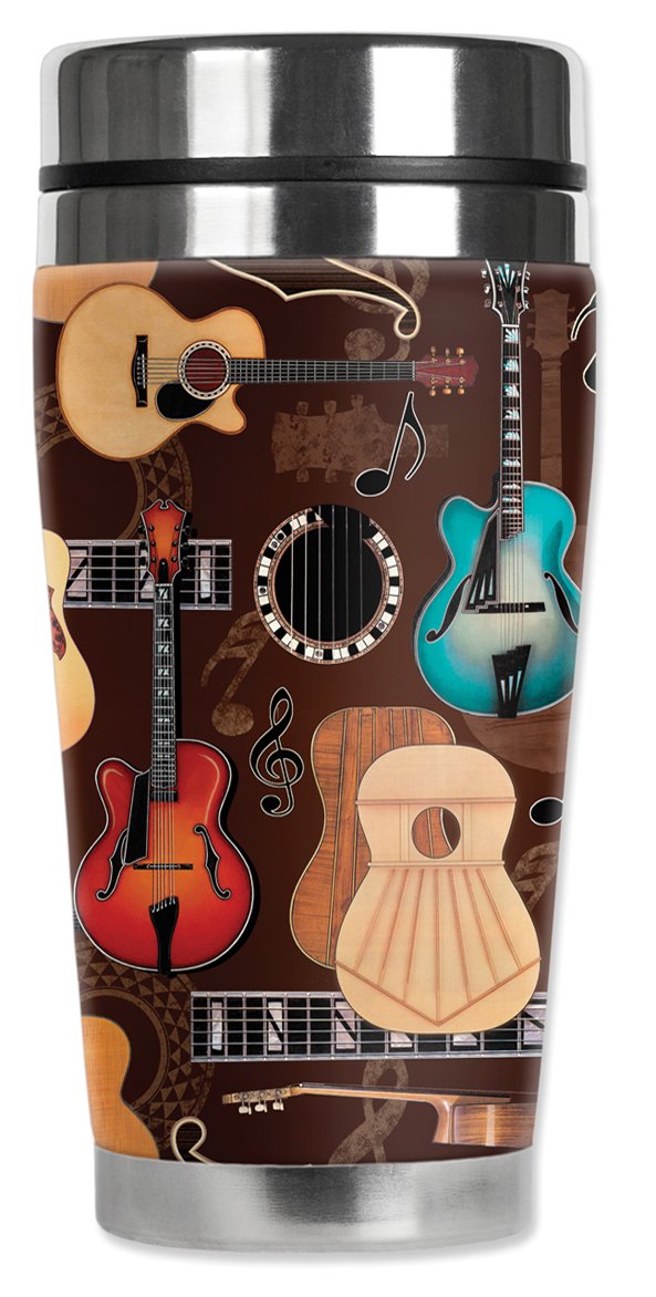 Mugzie ''Guitars'' Stainless Steel Travel Mug With Insulated Wetsuit Cover, 20 Oz, Black
