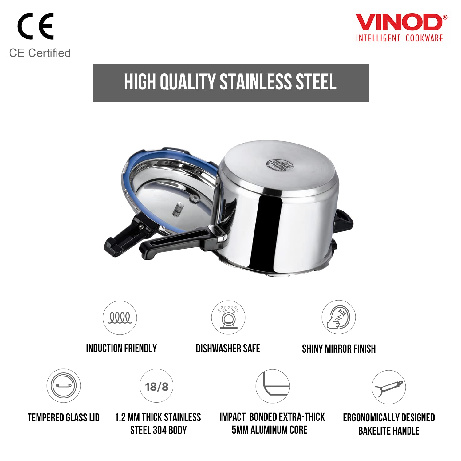 Vinod Pressure Cooker Stainless Steel - Outer Lid - 5 Liter - Induction Base Cooker - Indian Pressure Cooker - Sandwich Bottom -