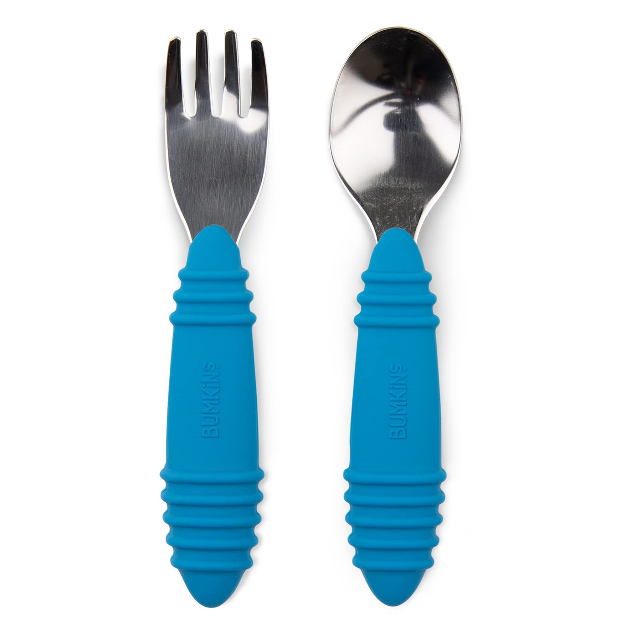 Bumkins Toddler Utensils, Kids Size Fork and Spoon Set, Silicone and Stainless-Steel Training Silverware, Angled Forks / Sporks