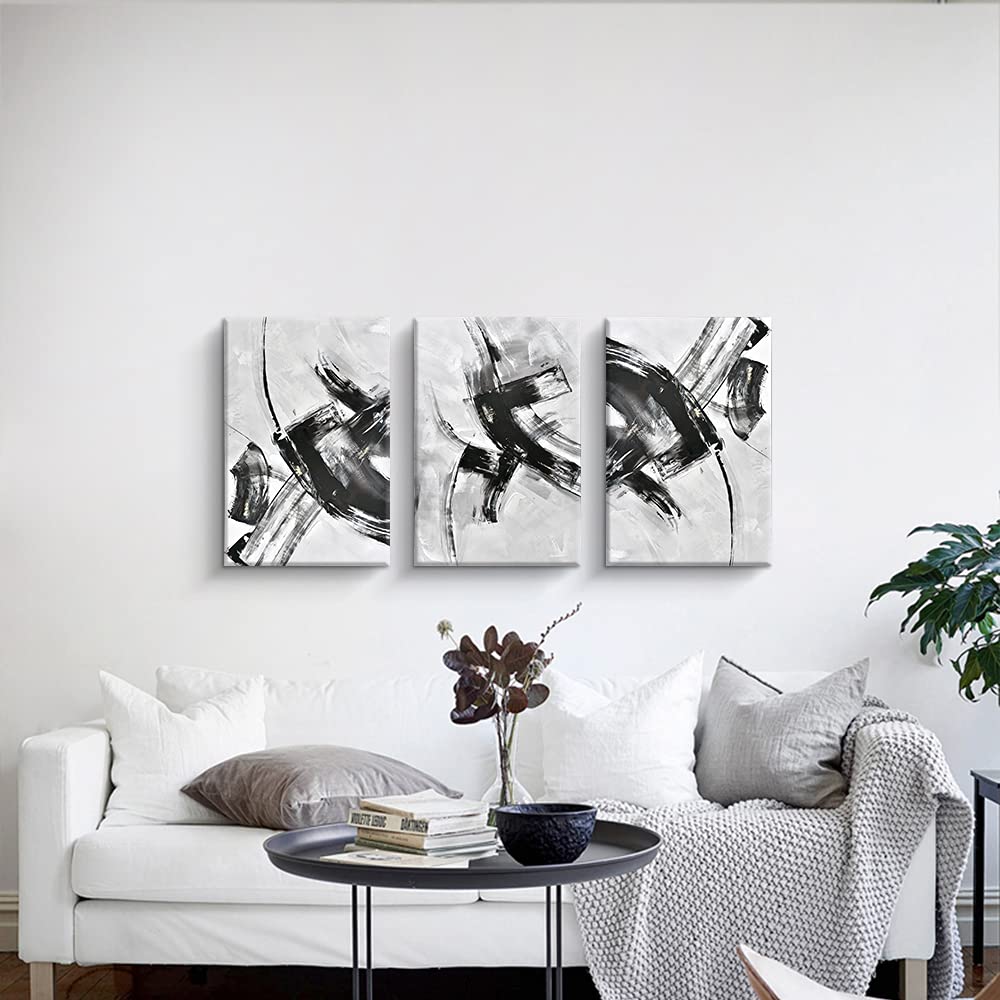 Creoate Black And White Wall Art Decor For Bedroom, 3 Pieces Abstract Lines Painting Canvas Print Artwork, Minimalist Home Decor