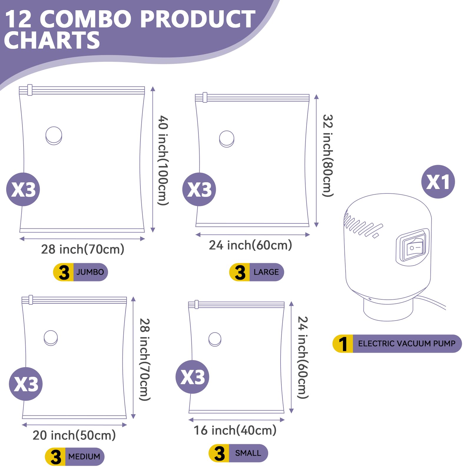 Hzd 12 Pack Vacuum Storage Bags, Space Saver Bags, Compression For Comforters And Blankets, Plush Toy, Sealer Clothes Storage (3