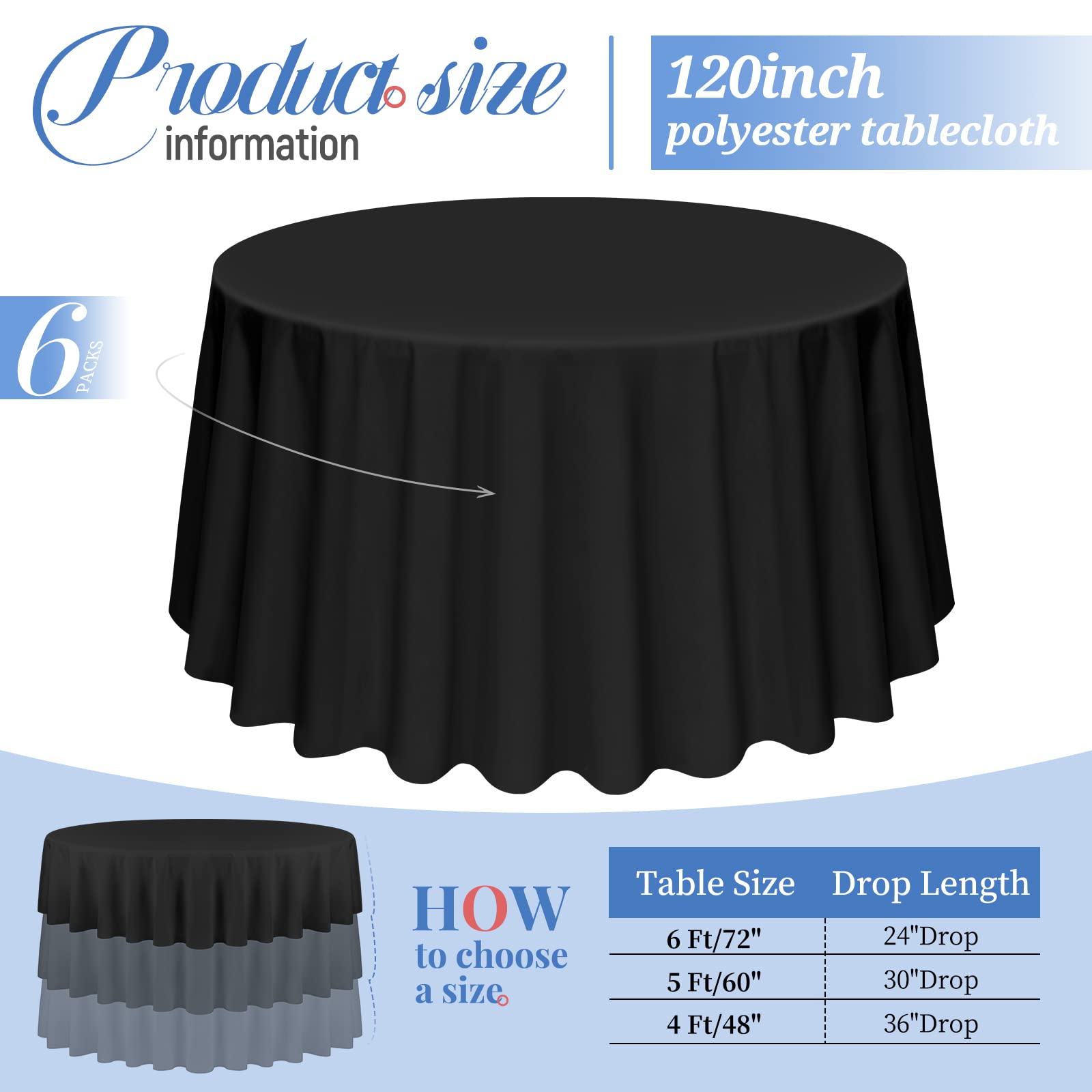 Pesonlook 6 Pack Black Round Tablecloth 120 Inch, Premium Round Table Cloth Washable Polyester Table Cover Stain And Wrinkle Res