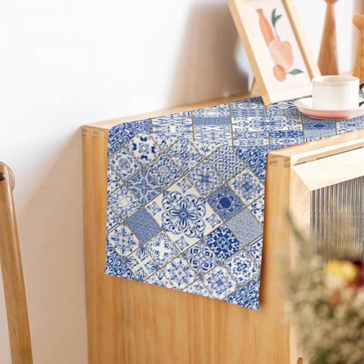 Hosnye Table Runner Blue White Patchwork Tile In Spanish Style,Cotton Linen Table Runner Decoration For Kitchen Family Dinner Ta