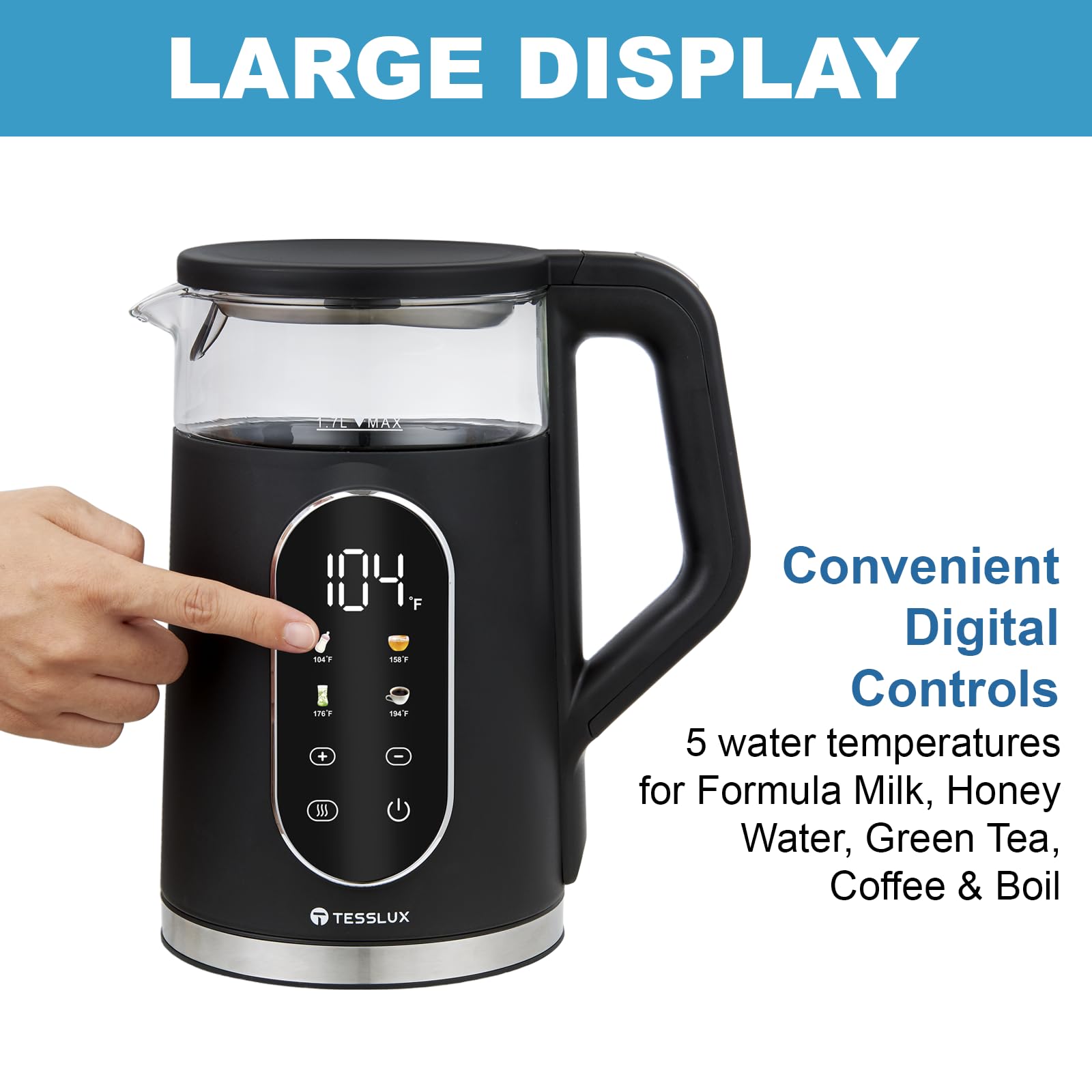 Tesslux Electric Tea Kettle, 1.7 Liter / 1500W Water Boiler Heater With Temperature Control, Cordless, Bpa-Free, 4 Preset Heatin