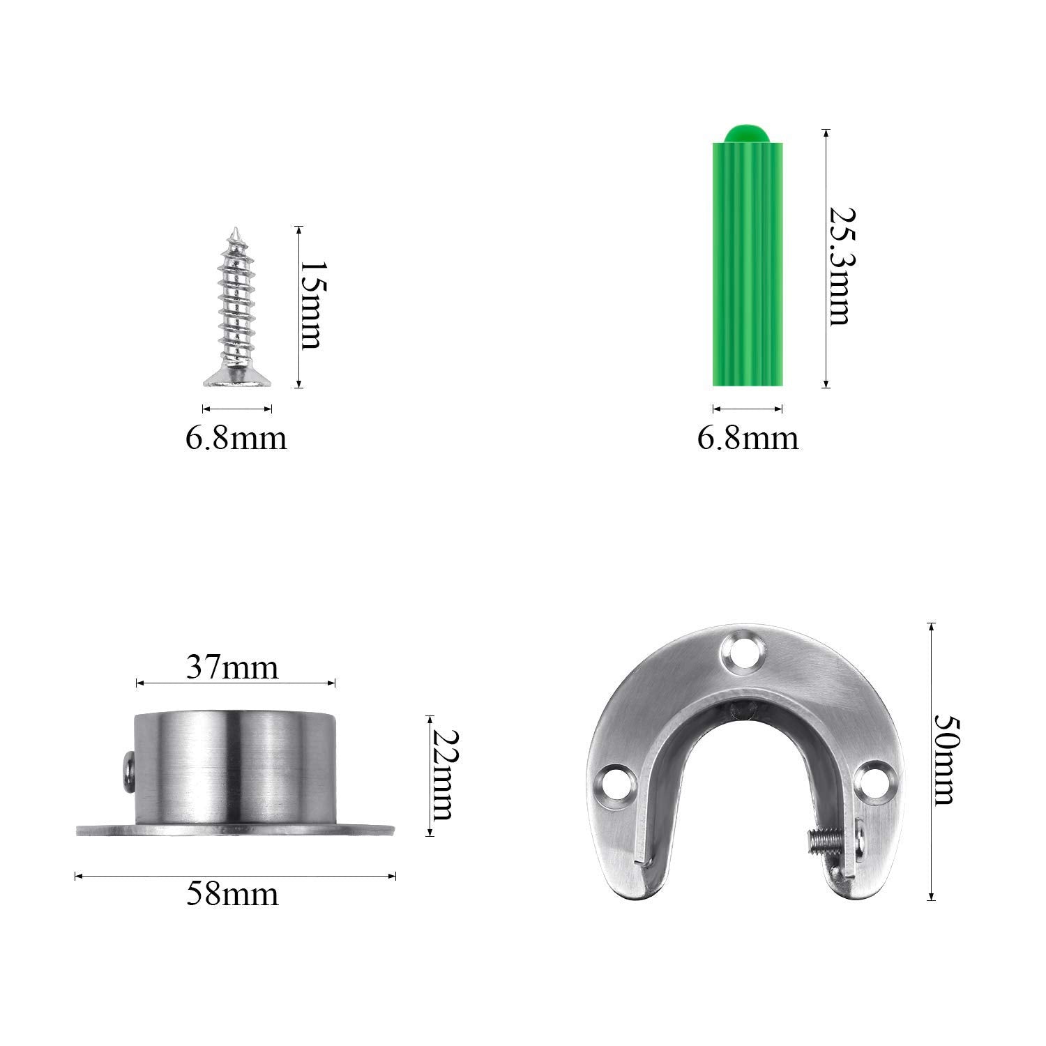 Favordrory 6 Pieces Stainless Steel Closet Pole Sockets Rod Socket Flange Set Rod Support Flange Holder, U Shaped, Easy Installa