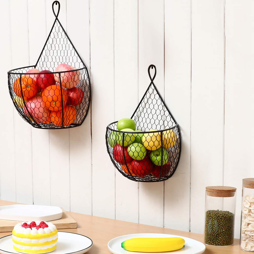 Erytlly Metal Fruit And Vegetable Storage Hanging Basket Wall Mounted, For Kitchen Black Wire Baskets For Flowers, Fruits And Ve