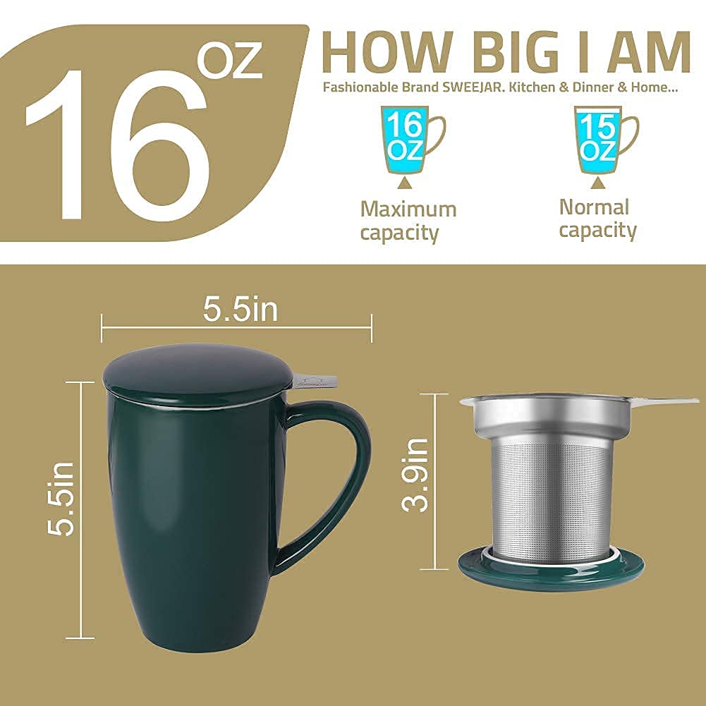Sweejar Porcelain Tea Mug With Infuser And Lid,Teaware With Filter, Loose Leaf Tea Cup Steeper Maker, 16 Fl Oz For Tea/Coffee/Mi