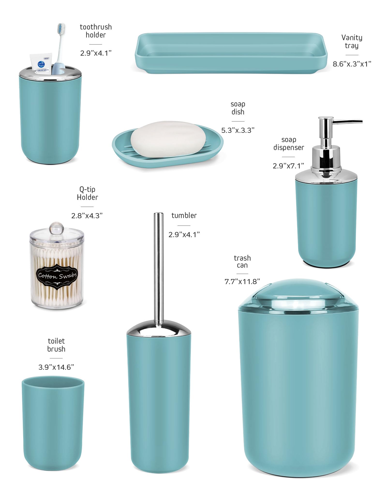 IMAVO Bathroom Accessories Set,Blue Bathroom Set,9 Pieces Bathroom Accessory Set,Tray,Qtip Holders,Toilet Brush,Trash Can for Ba