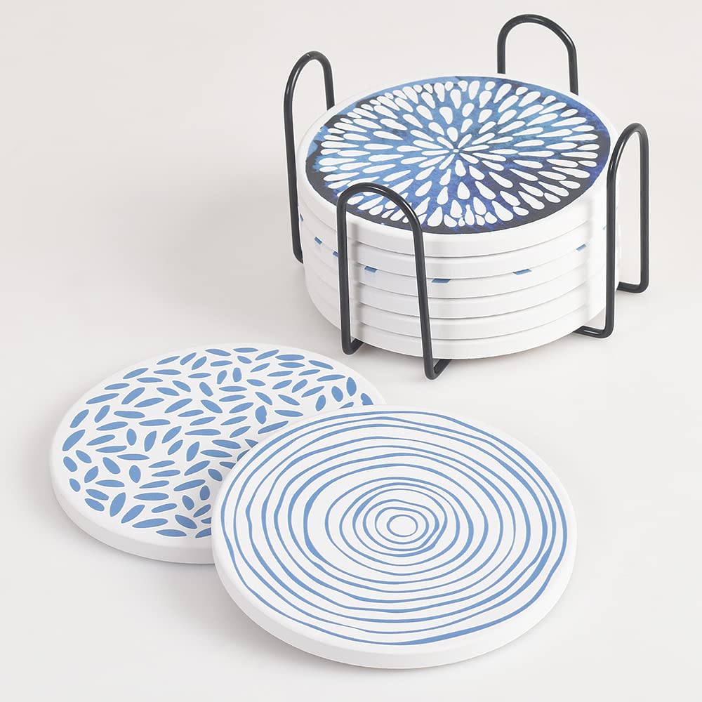 Newk Coasters for Drinks  Set of 8 Ceramic Absorbent Coasters with Metal Holder  Classy and Simple Coasters for Coffee Table  Great Housewarming Gifts