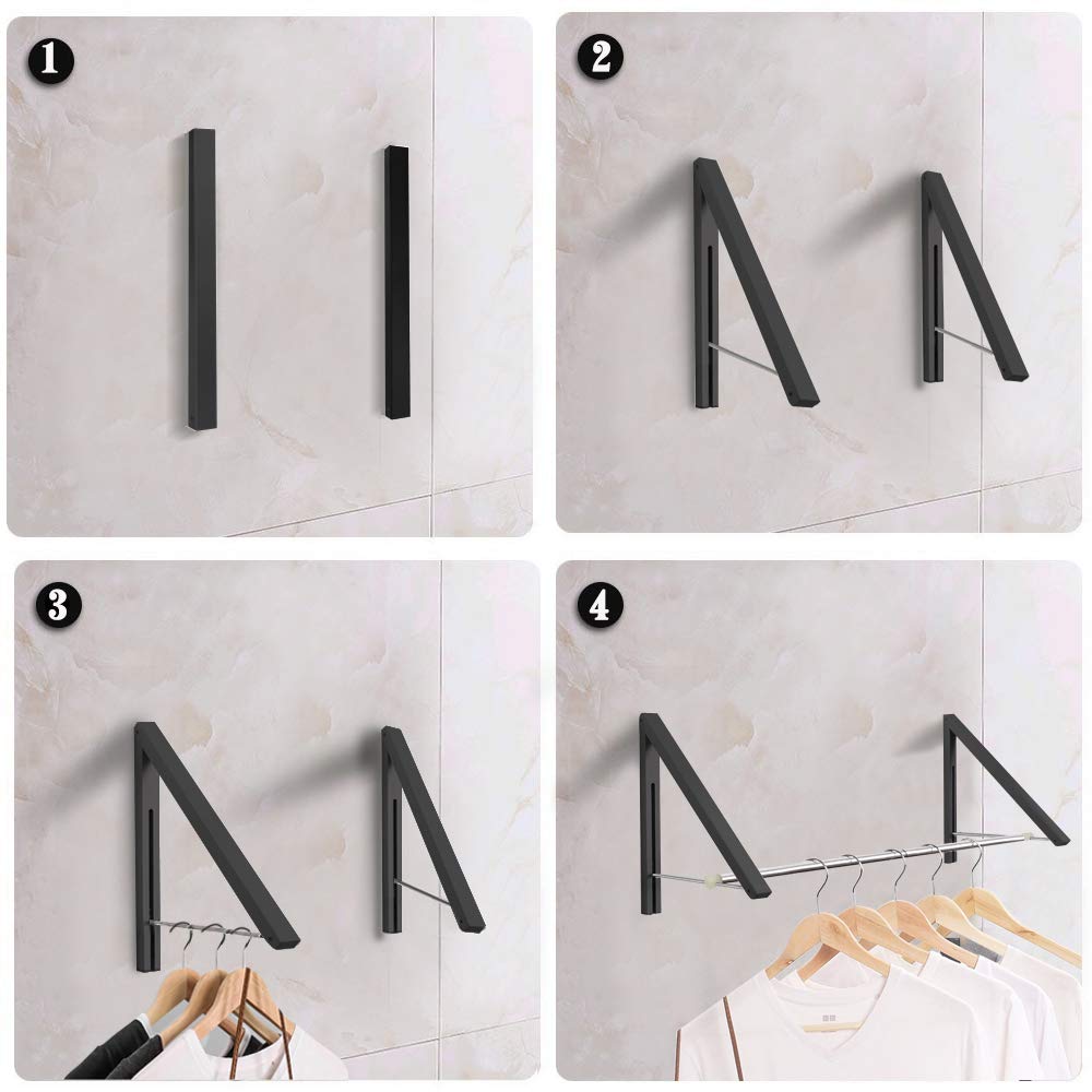 Anjuer Retractable clothes Rack - Wall Mounted Folding clothes Hanger Drying Rack for Laundry Room closet Storage Organization  Aluminum  2 Racks with Rod (Black)