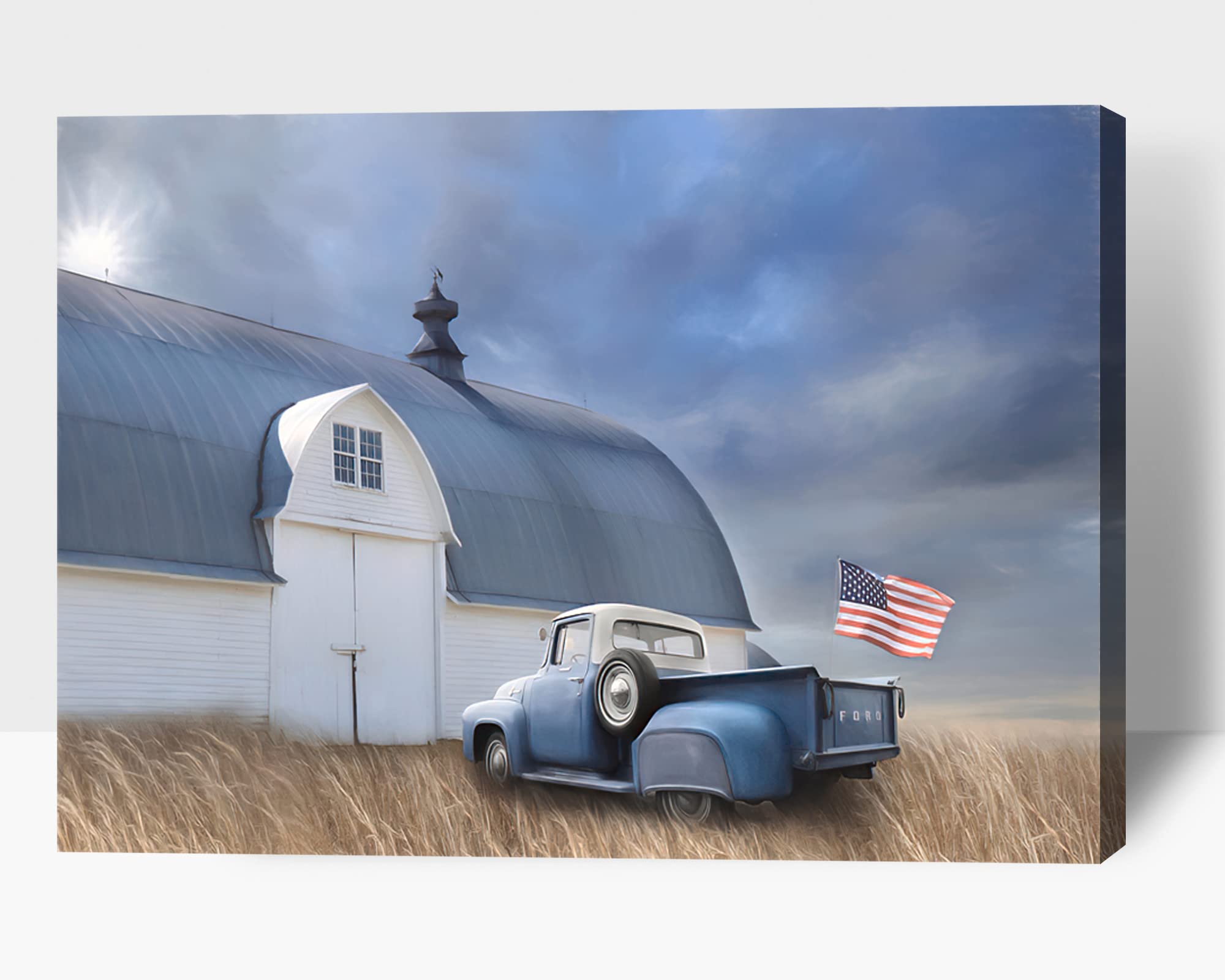 Farmhouse Old Truck Canvas Wall Art, Old Barn Pictures Wall Art, Country Antique Pickup Truck Canvas Prints, Blue Truck With Usa
