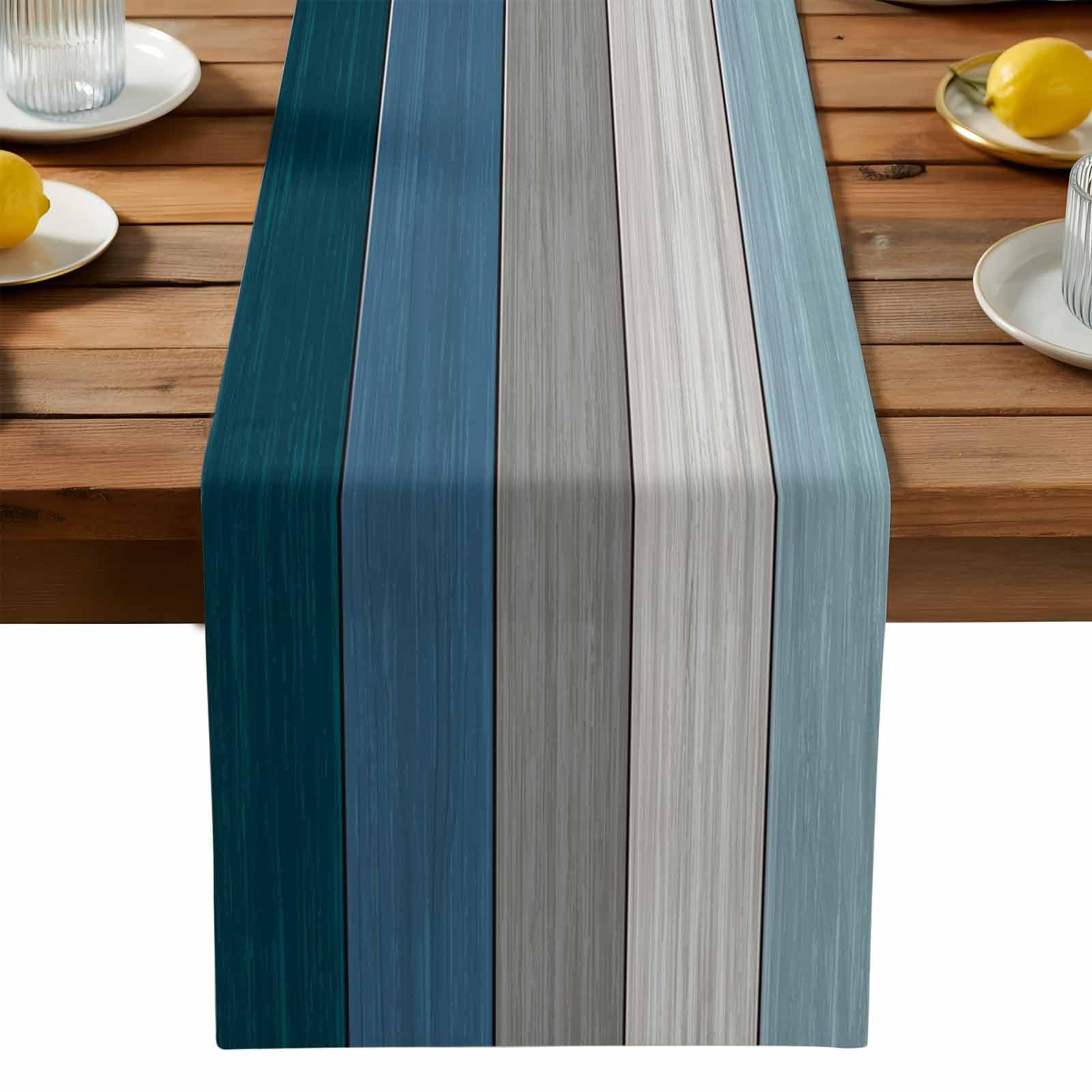 Farmhouse Cotton Linen Table Runner Dresser Scarf Extra Long 120 inches- Retro Rustic Barn Wood Texture Ombre Blue Gray Ocean Hu
