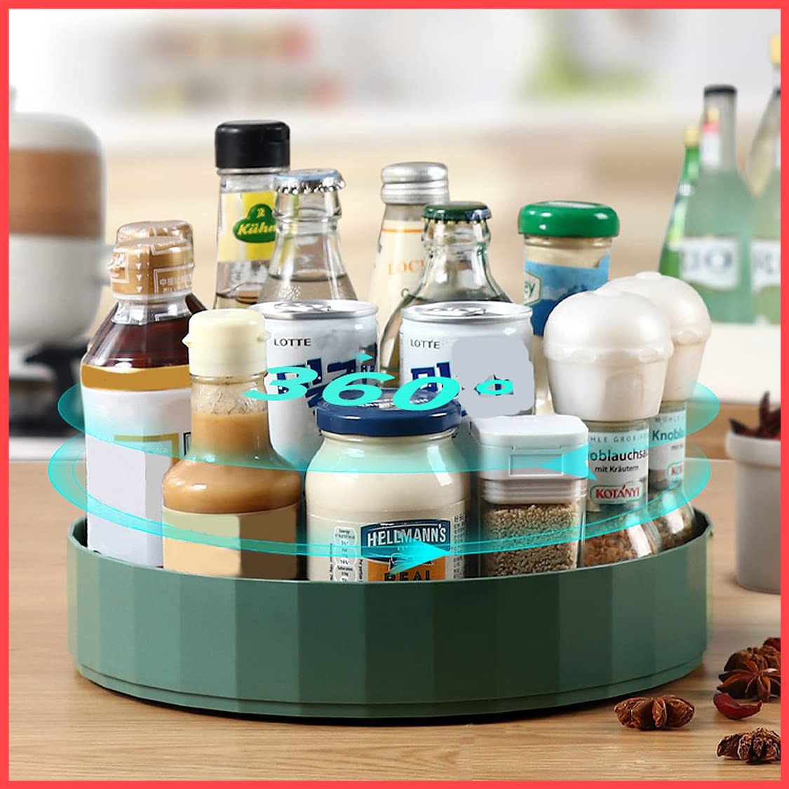 Wolpin Spice Rack Rotating 360 Degree Revolving Plastic Kitchen Spice Cosmetic Holder Organizer Rack Tray (26 X 26 X 5.2 Cm, Gre