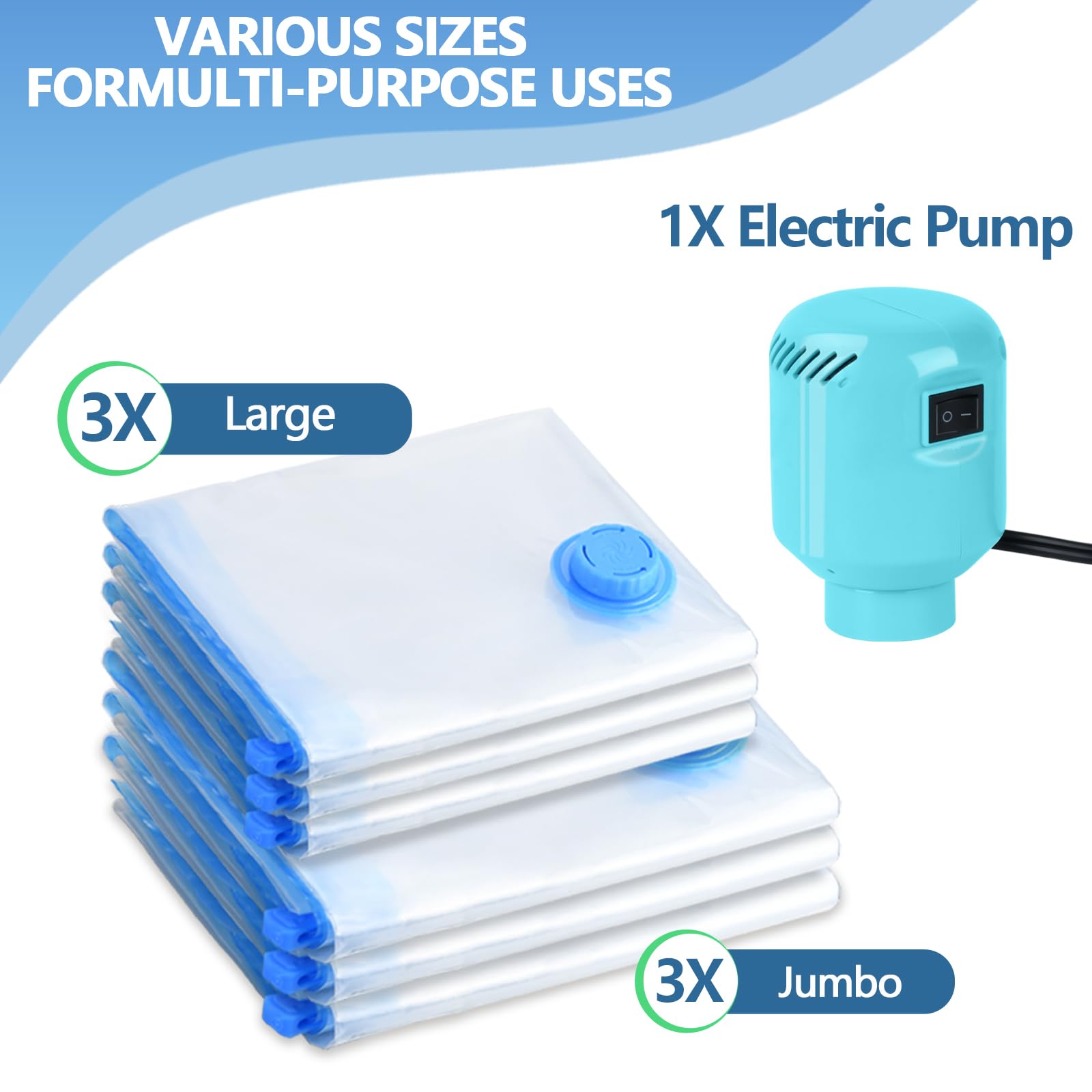 Kissleaf Vacuum Storage Bags With Electric Air Pump, 6 Pack (3 Jumbo, 3 Large) Fast Deflating Double Zip Seal Space Saver Bag Fo