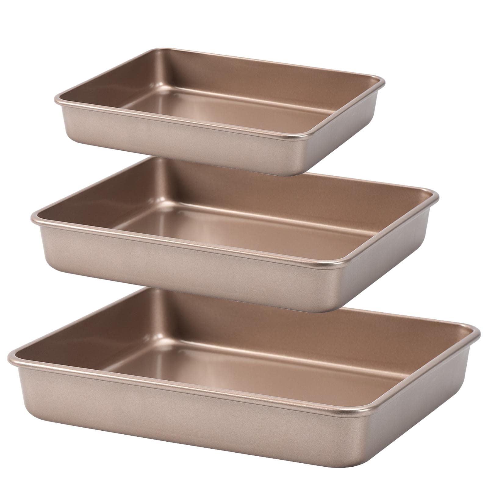 Camofoxin Nonstick Roasting Pan, Deep Baking Pan Set, Large Cake Pan Sets For Oven, 3-Piece Brownie Pan (Gold)