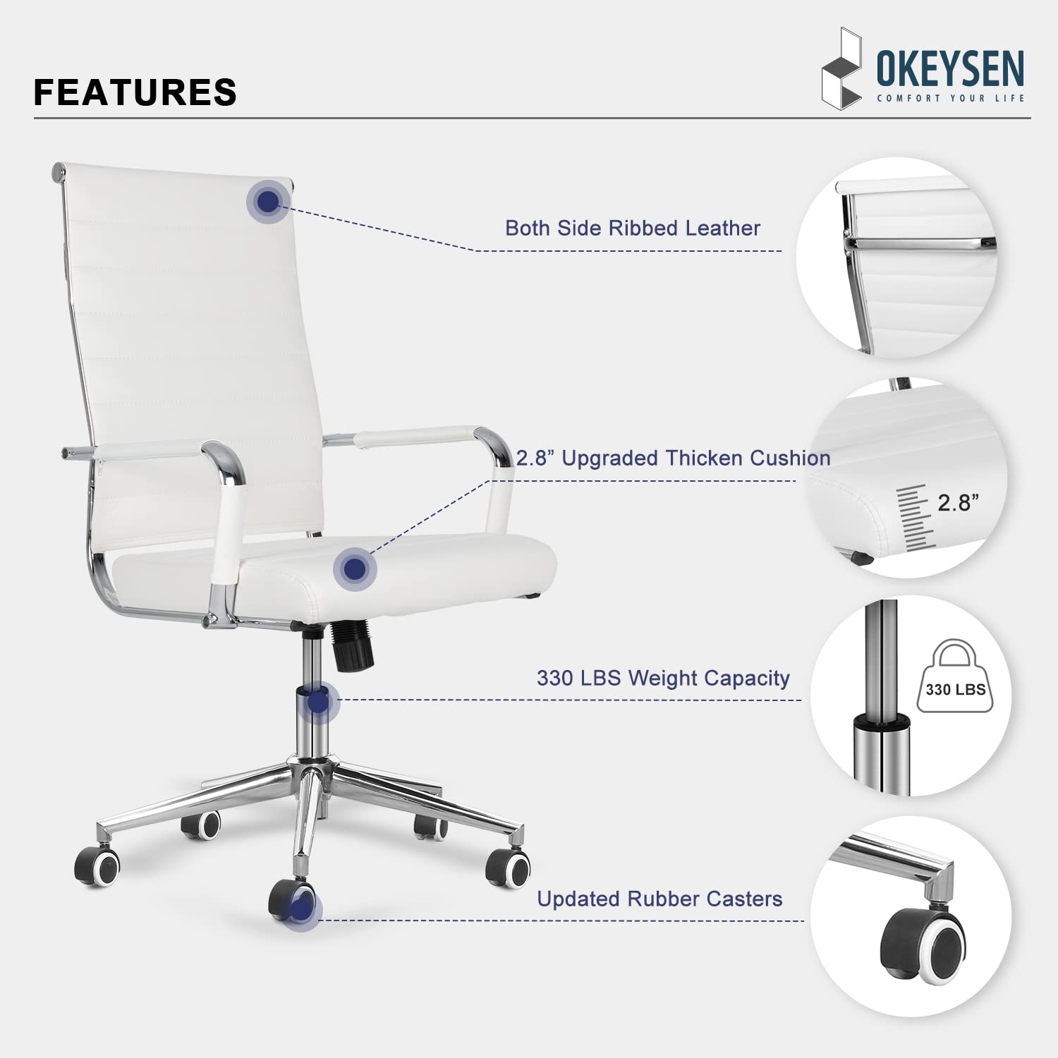 Okeysen Ergonomic Office Desk Chair, Modern Leather Conference Room Chairs Ribbed, High Back Executive Swivel Rolling Chair For