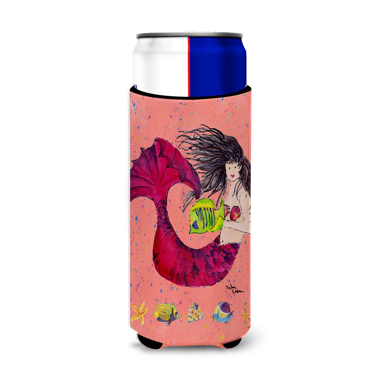 Black haired Mermaid on Red Ultra Beverage Insulators for slim cans 8338MUK