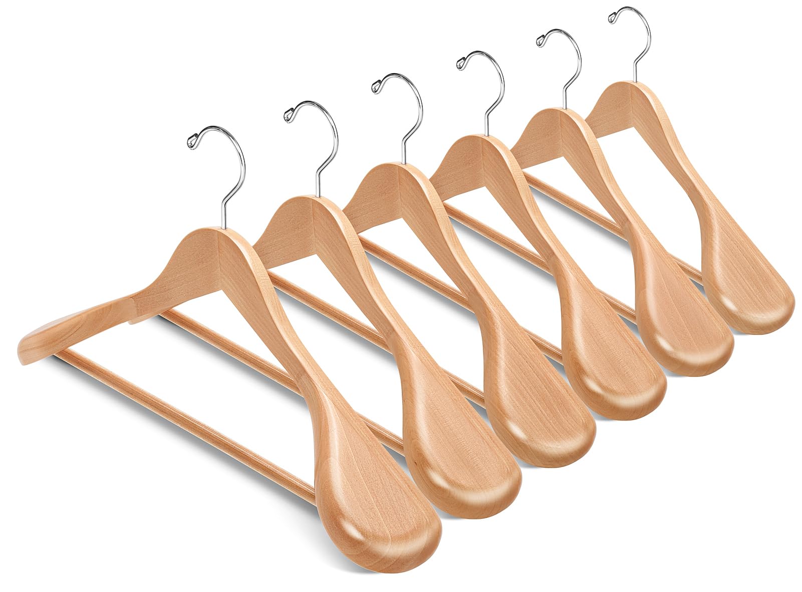 Amber Home 6 Pack Wide Shoulder Wooden Suit Coat Hangers With Non Slip Pants Bar, Solid Wood Jacket Clothes Hangers Smooth Finis