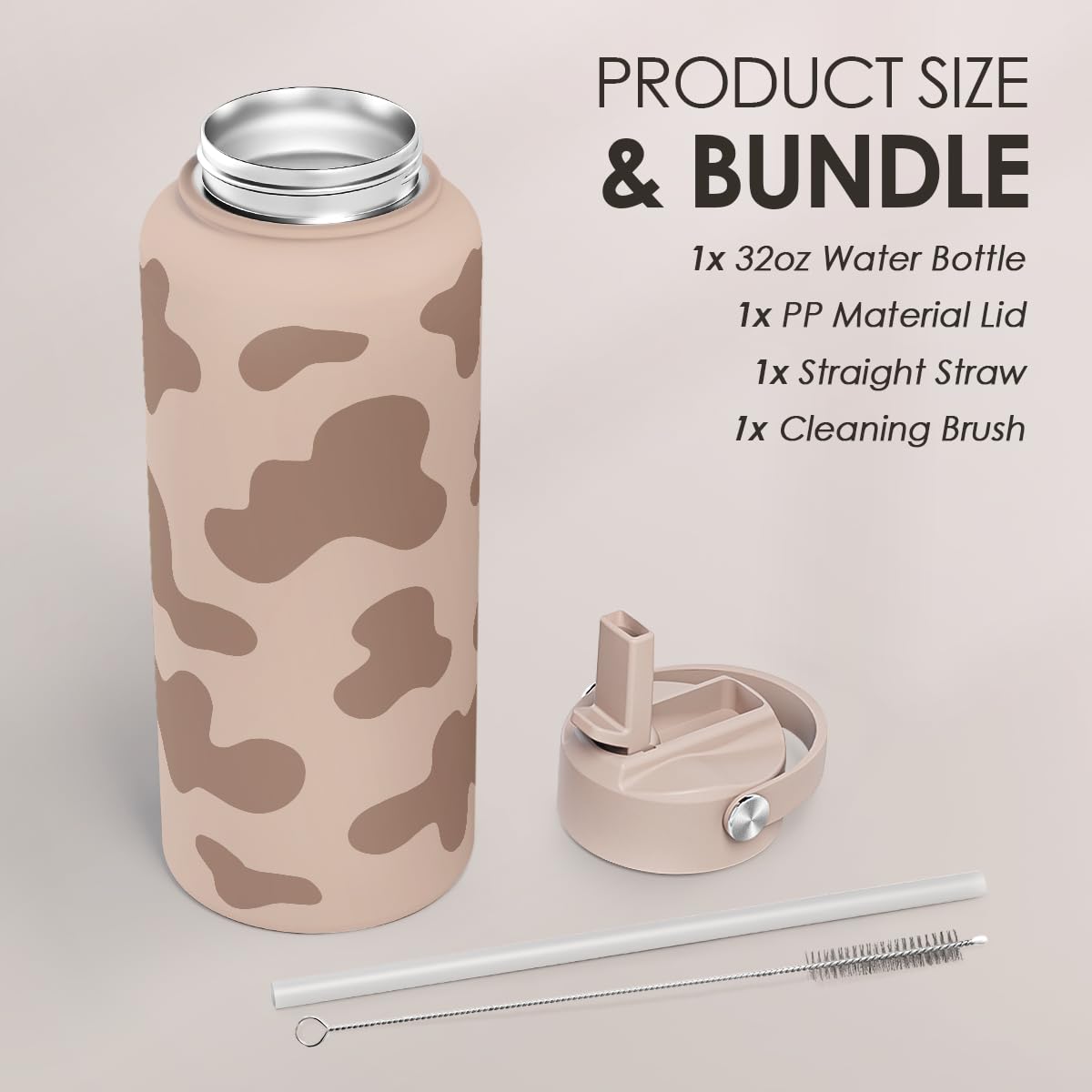 Cow Print Water Bottle 32oz Stainless Steel with Lid, Insulated Bottles for Sports Travel Outdoor, Gifts for Women Girls Birthda