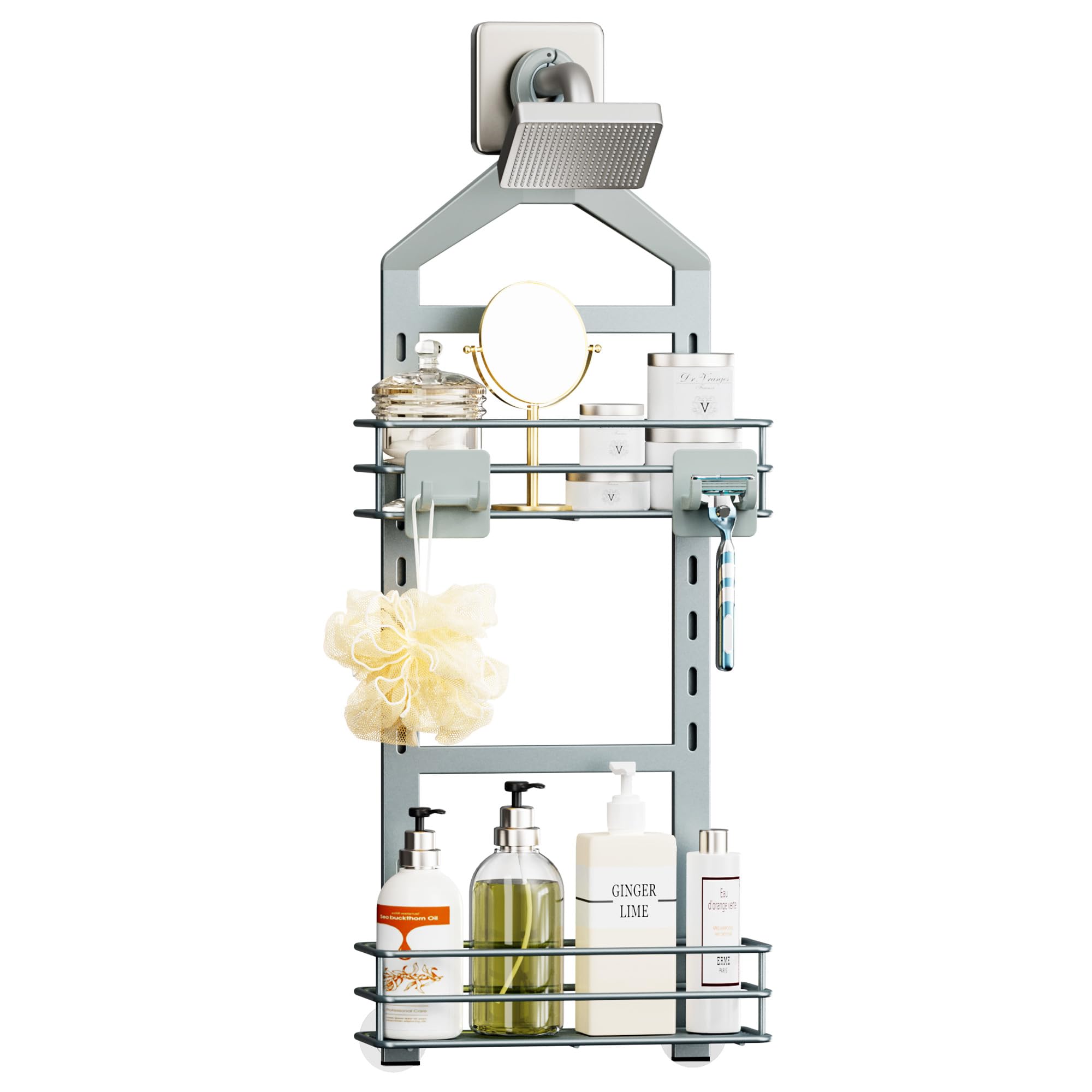 Orimade Adjustable Anti-Slip Shower Caddy Over Shower Head, Rustproof Bathroom Hanging Shower Organizer with 2 Hooks for Razor, 