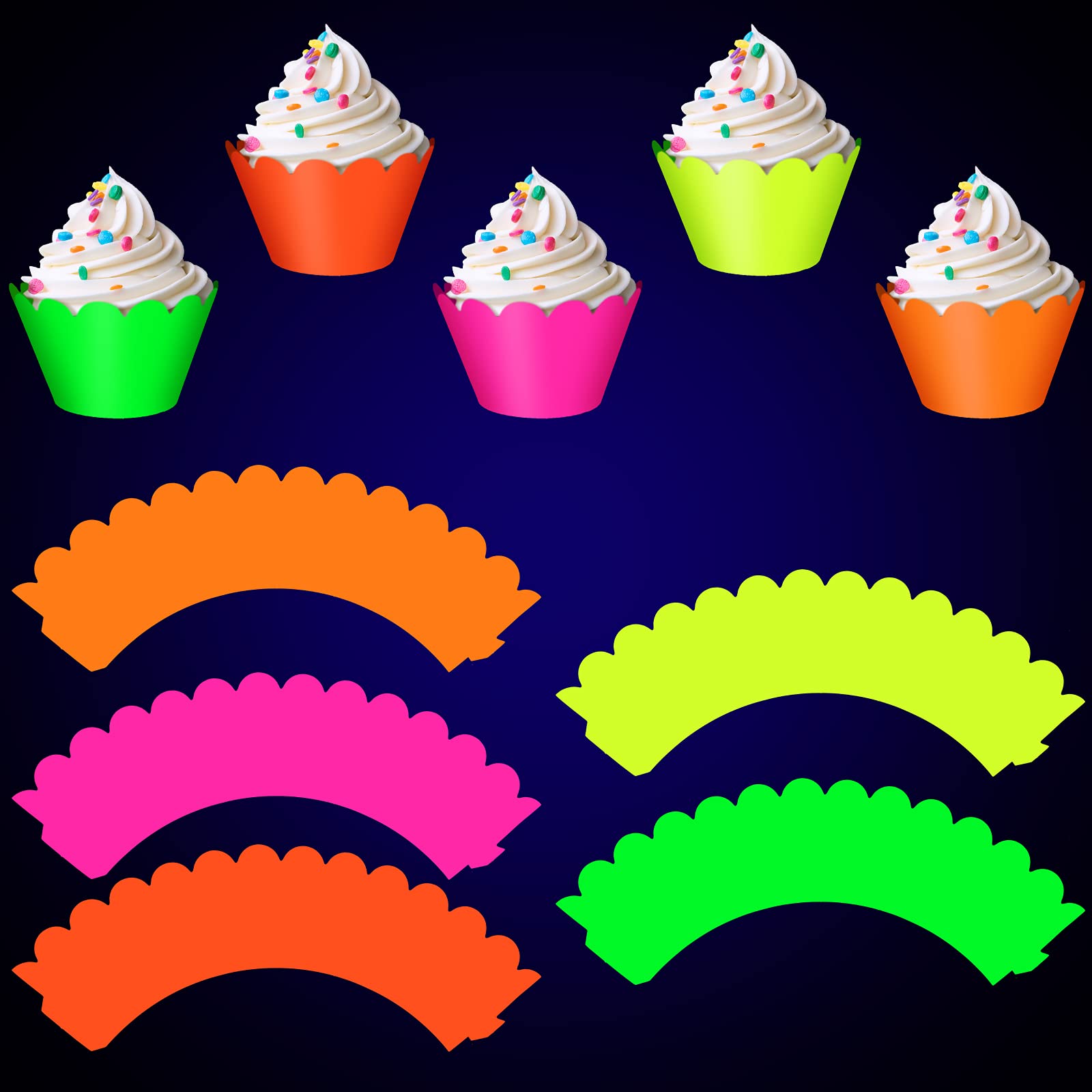 Spakon Glow Party Neon Party Supplies Neon Cupcake Wrappers For Glow Neon Birthday Party Wedding Decoration Black Light Reactive