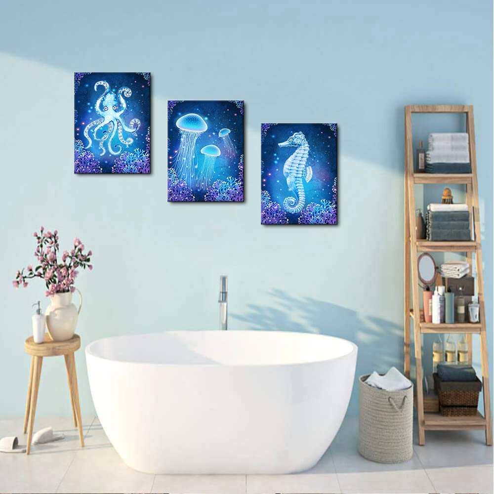Blue Ocean Life Theme Canvas Prints Wall Art Paintings For Living Room Large size Wall Artworks Sea Animal Sea Horse Octopus Jellyfish Pictures Decorations 3 Panels Home Bathroom Wall Decor Posters