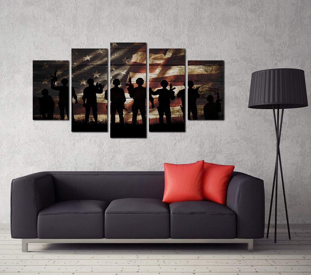 Vvovv Wall Decor American Flag Military Soldiers Army Canvas Wall Art Usa Flag Patriotic Theme Wood Textured Background Painting