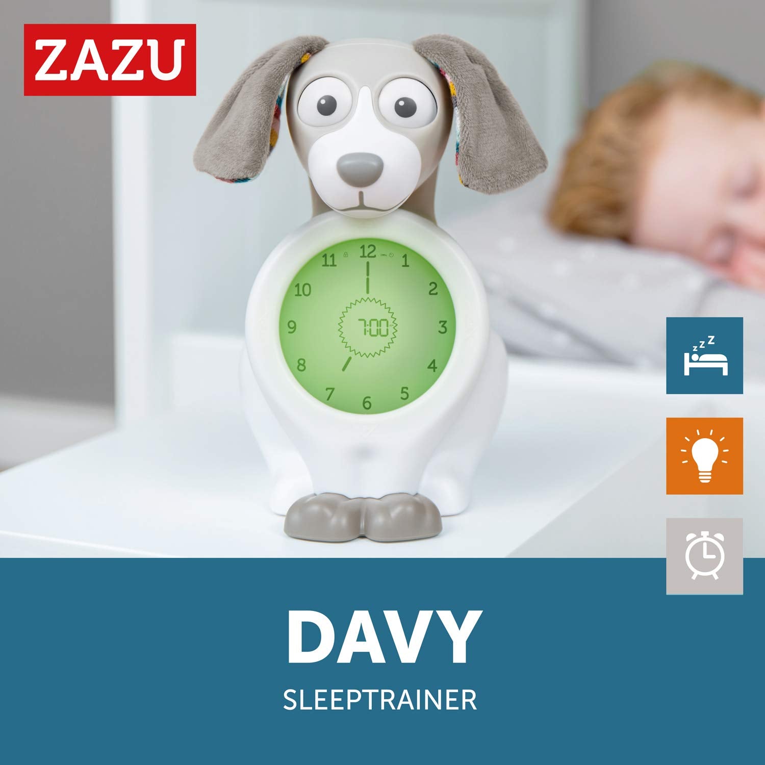 Zazu Davy The Dog - Sleep Trainer Clock & Nightlight for Kids - Light Up Alarm Clock  Helps Teach Your Child When to Wake up - Taupe