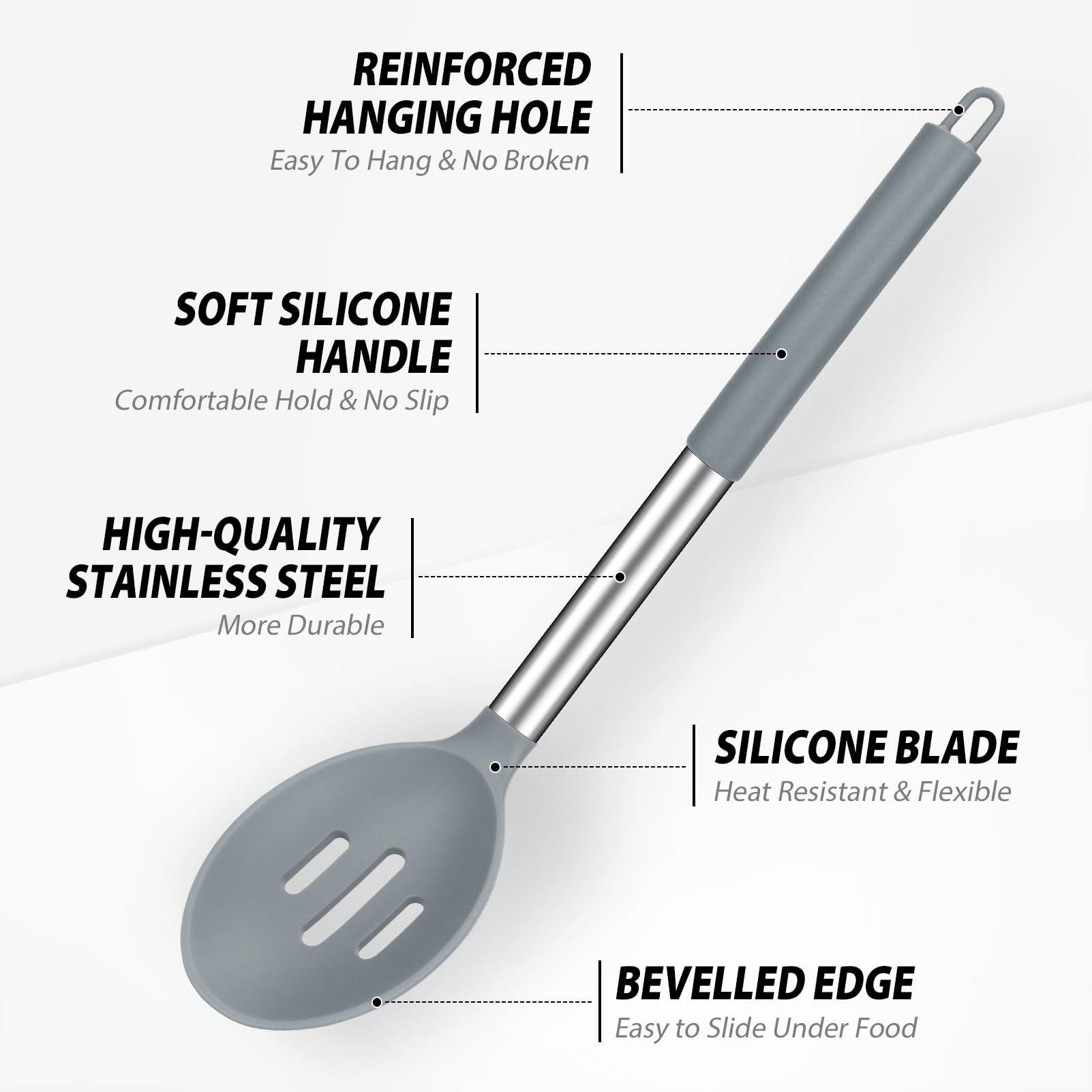 Pack Of 2 Large Silicone Cooking Spoons, Non-Stick Stainless Steel Slotted And Solid Spoon Set For Serving, Mixing, Draining, He
