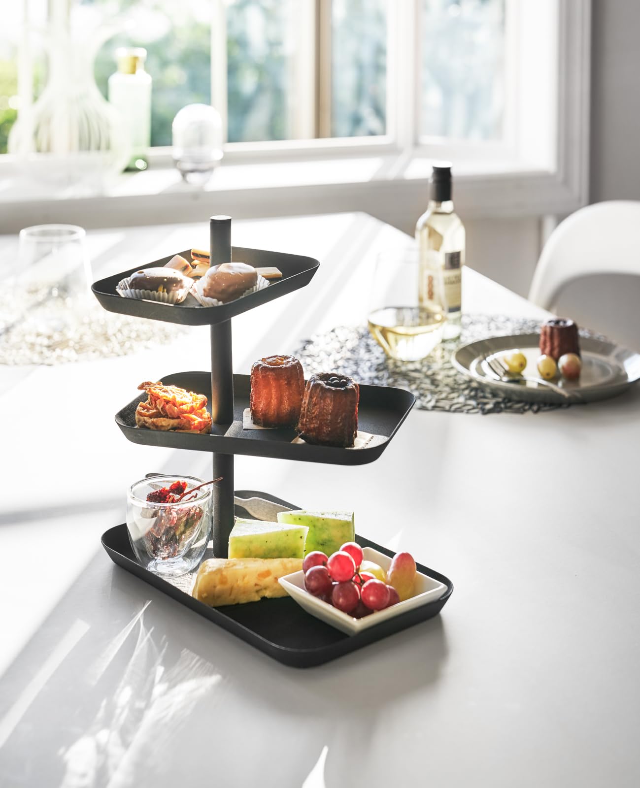 Yamazaki Home 3-Tier Serving Stand - Appetizer Tray Organizer For Party Or Kitchen Steel One Size Black