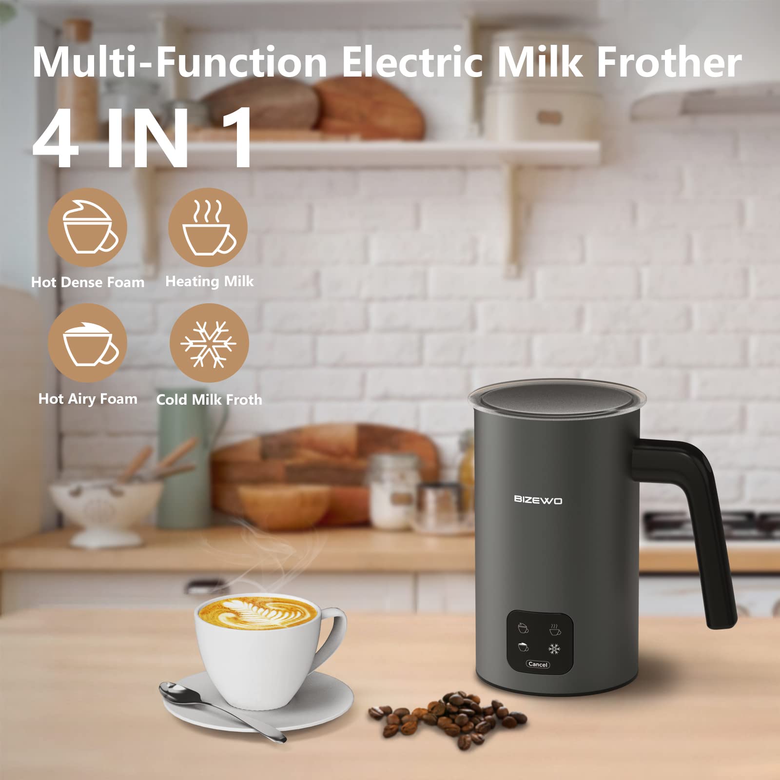 Bizewo Milk Frother Electric, Coffee Frother, Warm And Cold Milk Foamer, 4 In 1 Automatic Milk Warmer Stainless Steel With Touch