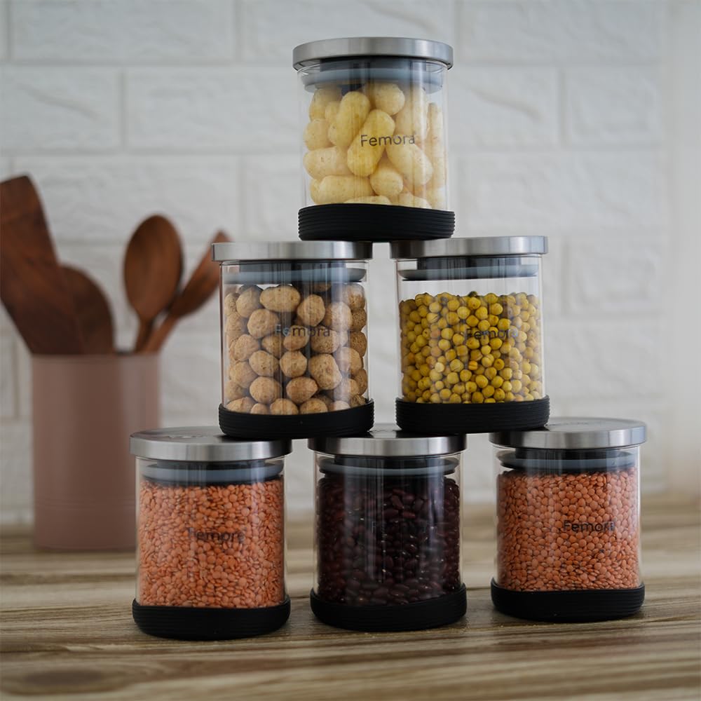 Femora Borosilicate Glass Jar With Silicon Bottom & Air Tight Steel Lid|Glass Jar For Kitchen| Kitchen Storage Jars| 1 Year Warr