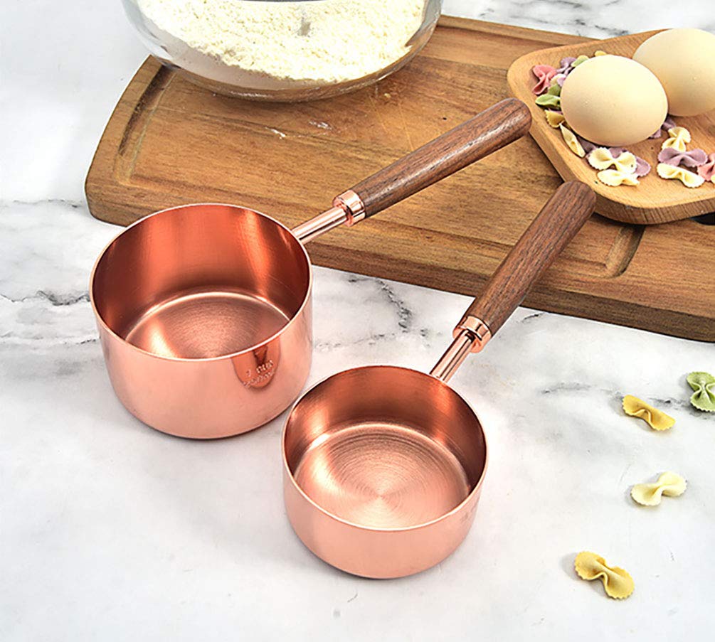 Goeielewe Set of 4 Copper-Plated Stainless Steel Measuring Cups with Walnut Handle - 1/4, 1/3, 1/2, 1 Cup Sizes