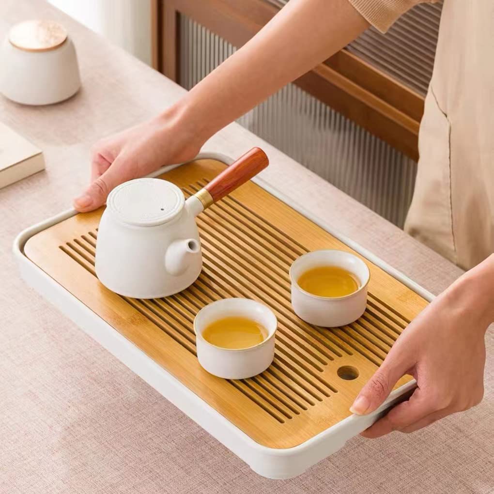 14 Inch Bamboo Chinese Gongfu Tea Tray Table Box With Water Storage For Kungfu Tea Set (Style 5 White)
