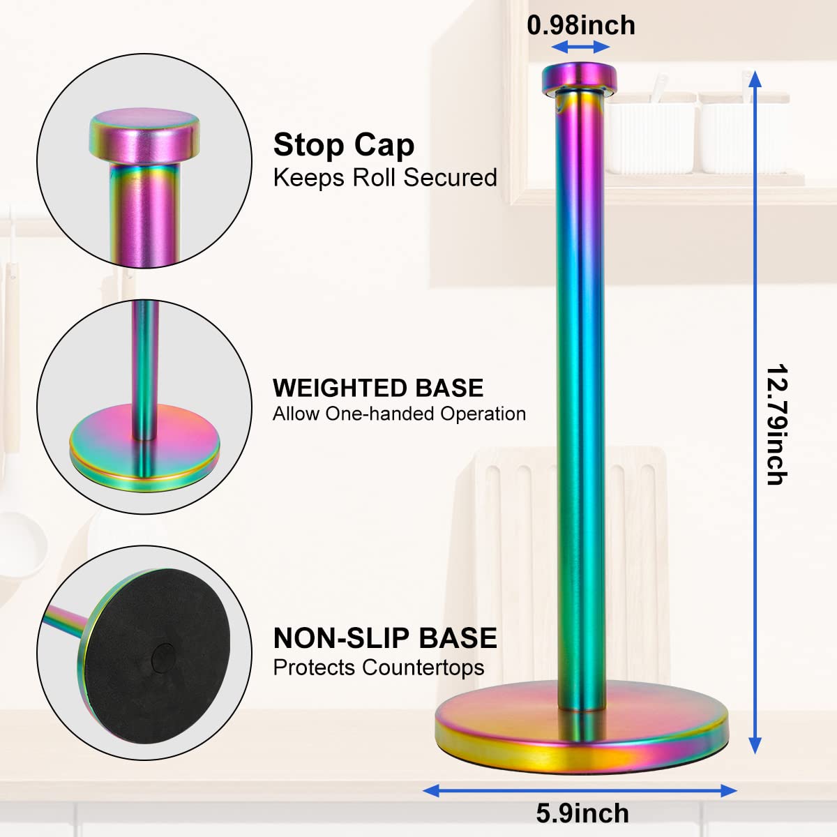 Paper Towel Holder Countertop Rainbow Kitchen Roll Holder, Stainless Steel Paper Towel Holder Stand With Weighted Base Non Slip