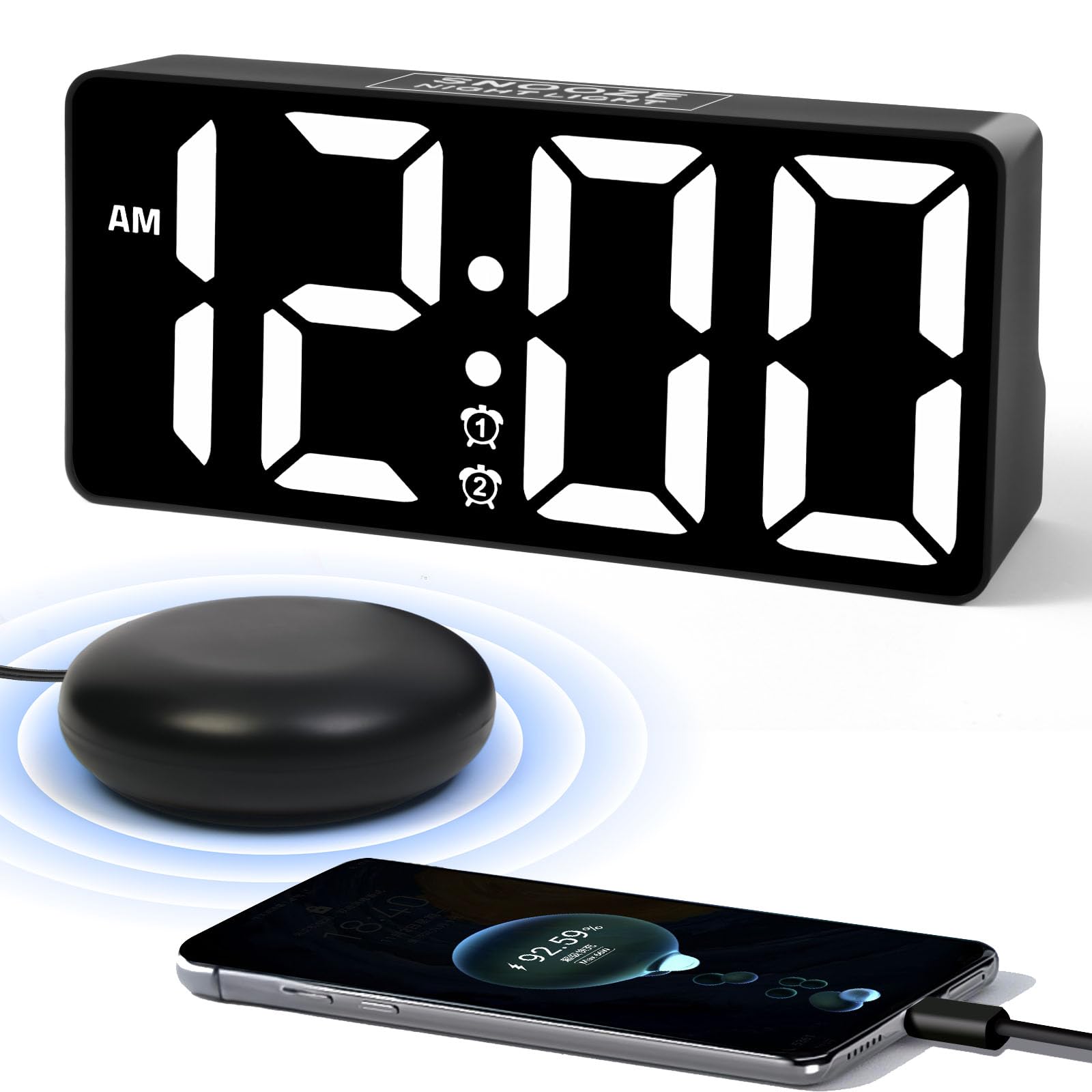 Alarm Clock for Bedroom Heavy Sleepers with Bed Shaker & Night Light-Vibrating Digital Clock Large Dimmable LED Digits with Dual