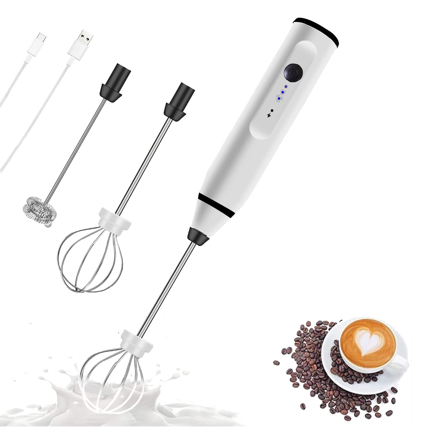 Rechargeable Milk Frother Handheld Electric Foam Maker With 2 Stainless Whisks, 3-Speed Adjustable Mini Blender Perfect For Bull